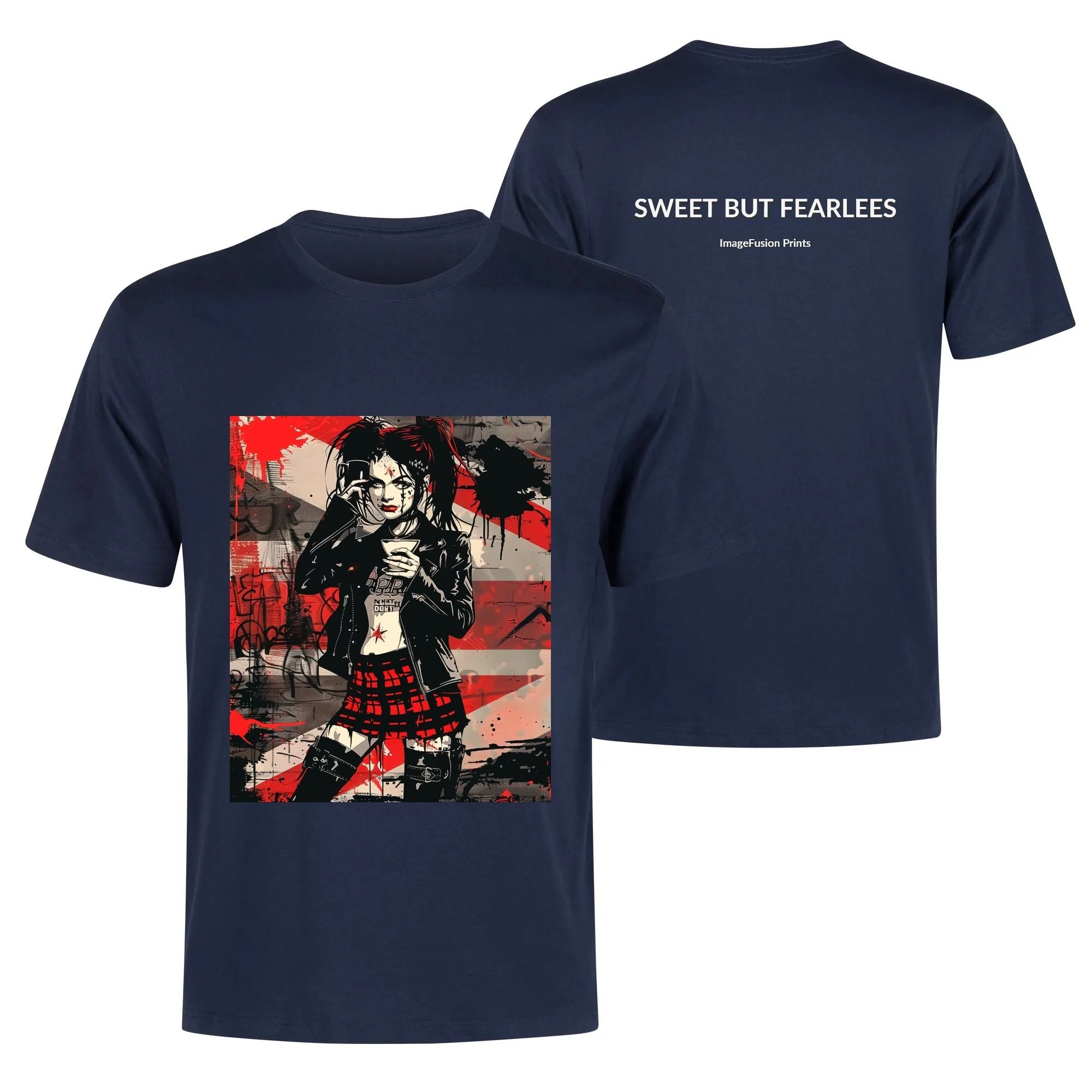 Camiseta hombre con ilustración de chica alternativa y mensaje "Sweet But Fearless" en la espalda