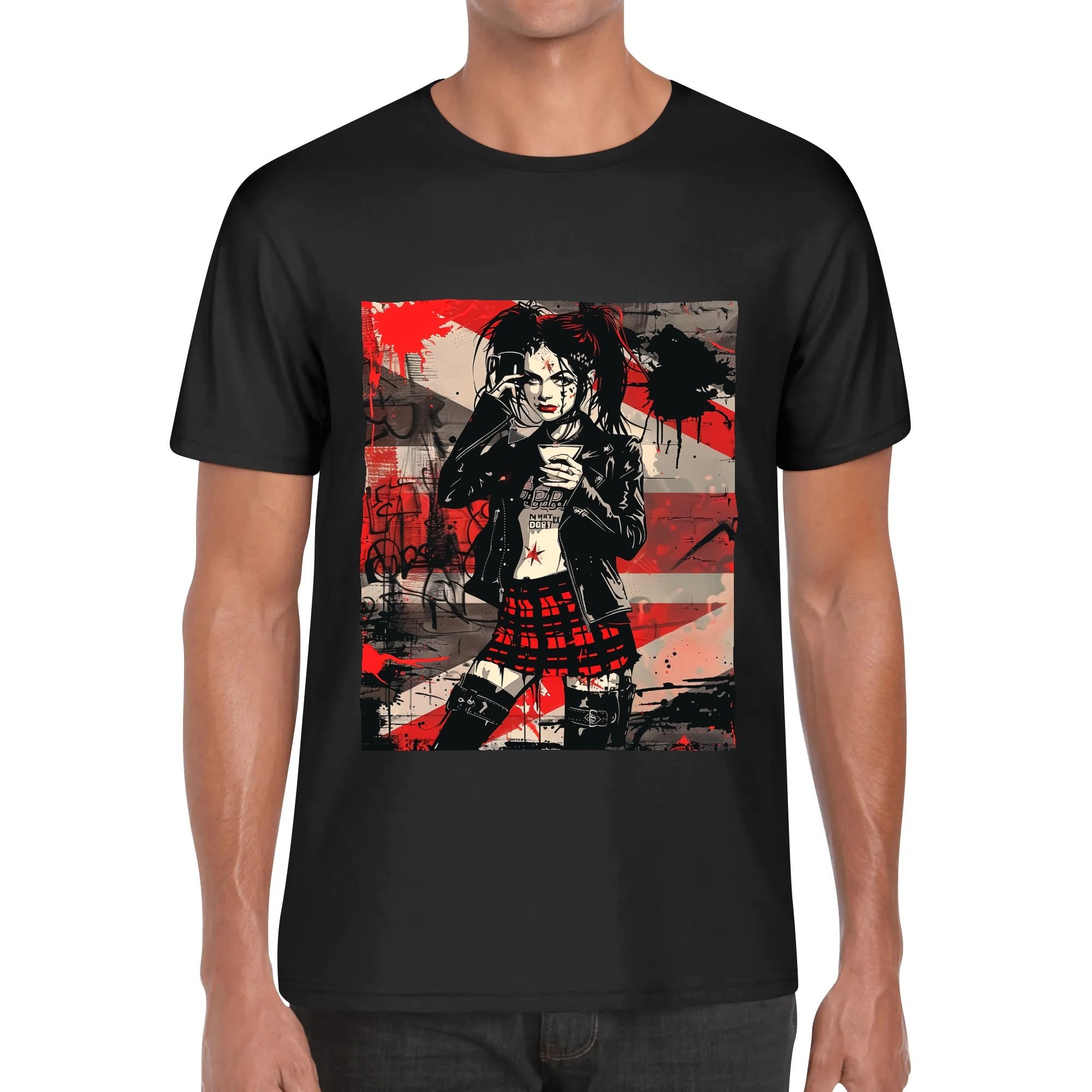 Camiseta hombre con ilustración de chica alternativa y mensaje "Sweet But Fearless" en la espalda