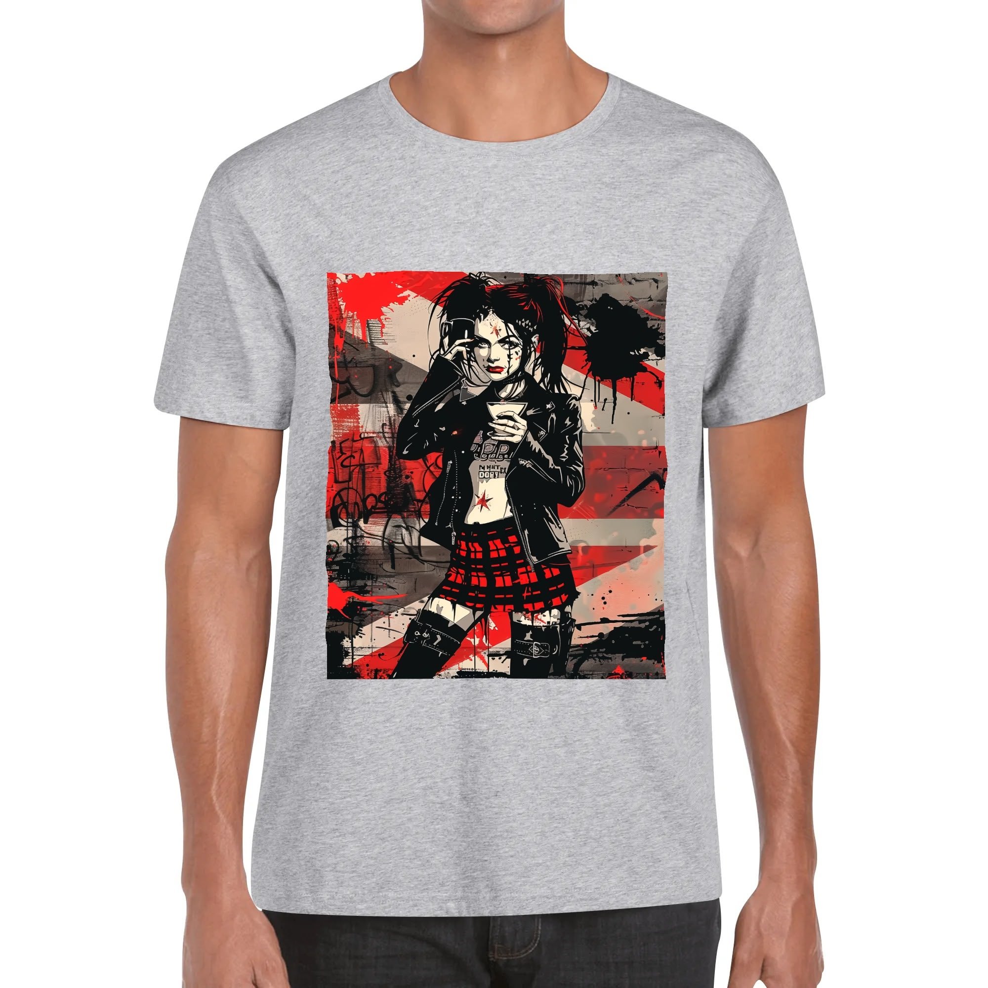 Camiseta hombre con ilustración de chica alternativa y mensaje "Sweet But Fearless" en la espalda