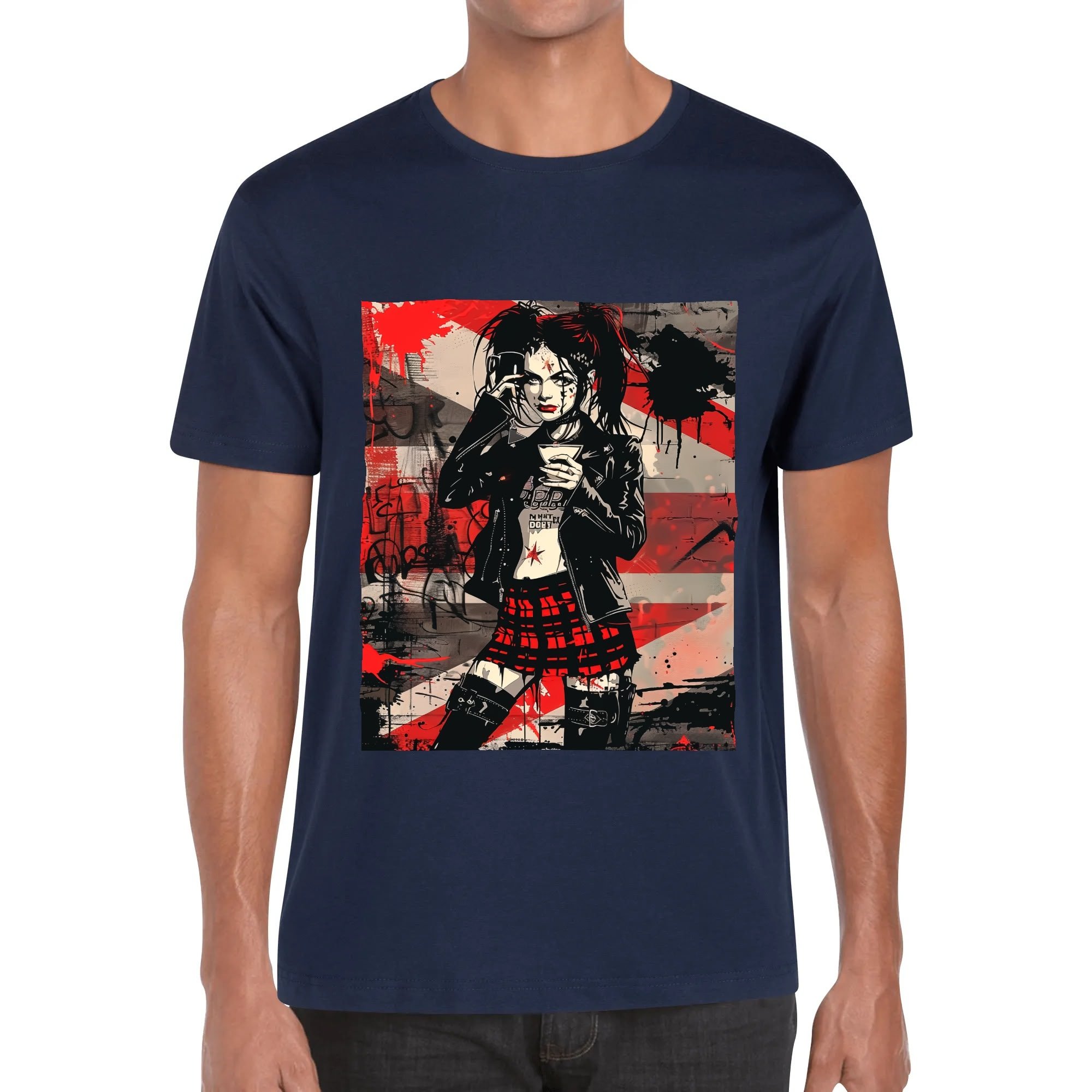 Camiseta hombre con ilustración de chica alternativa y mensaje "Sweet But Fearless" en la espalda