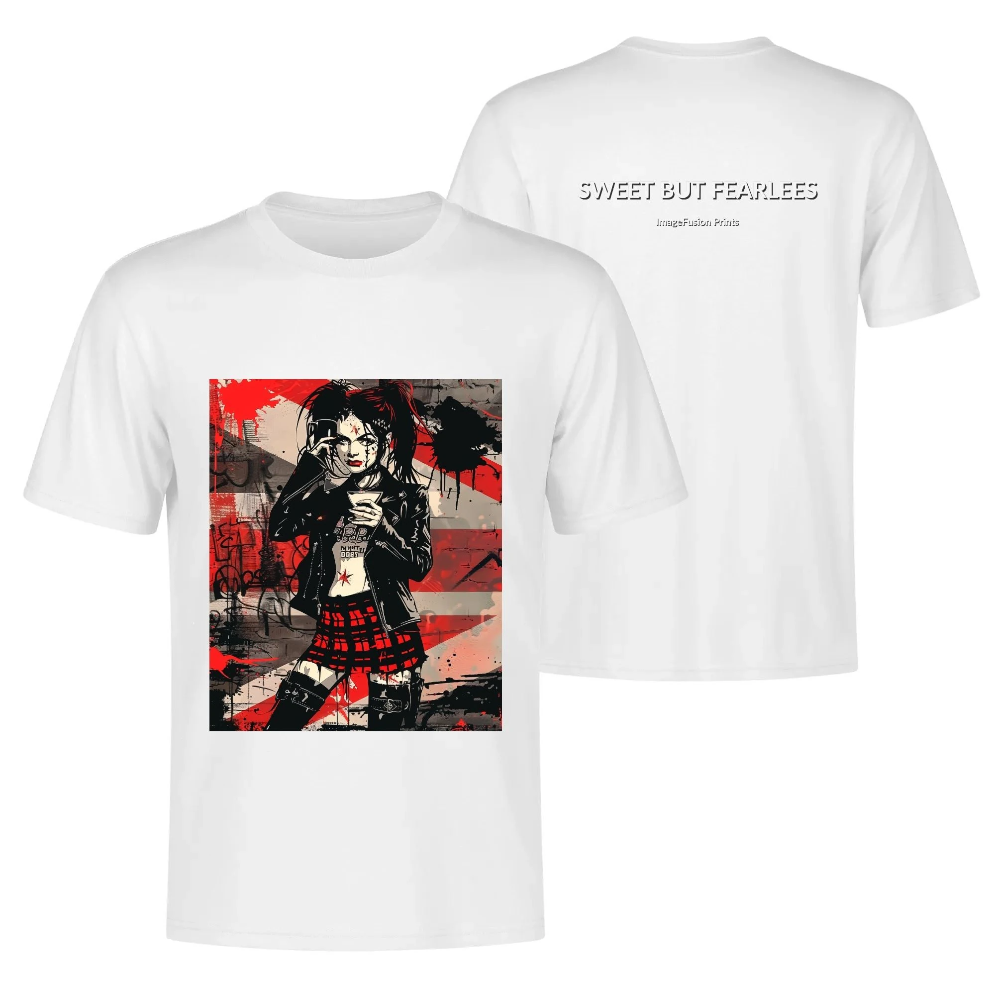 Camiseta hombre con ilustración de chica alternativa y mensaje "Sweet But Fearless" en la espalda