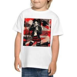 Camiseta infantil negra con diseño gráfico de chica rebelde y frase “Sweet But Fearlees” en la espalda