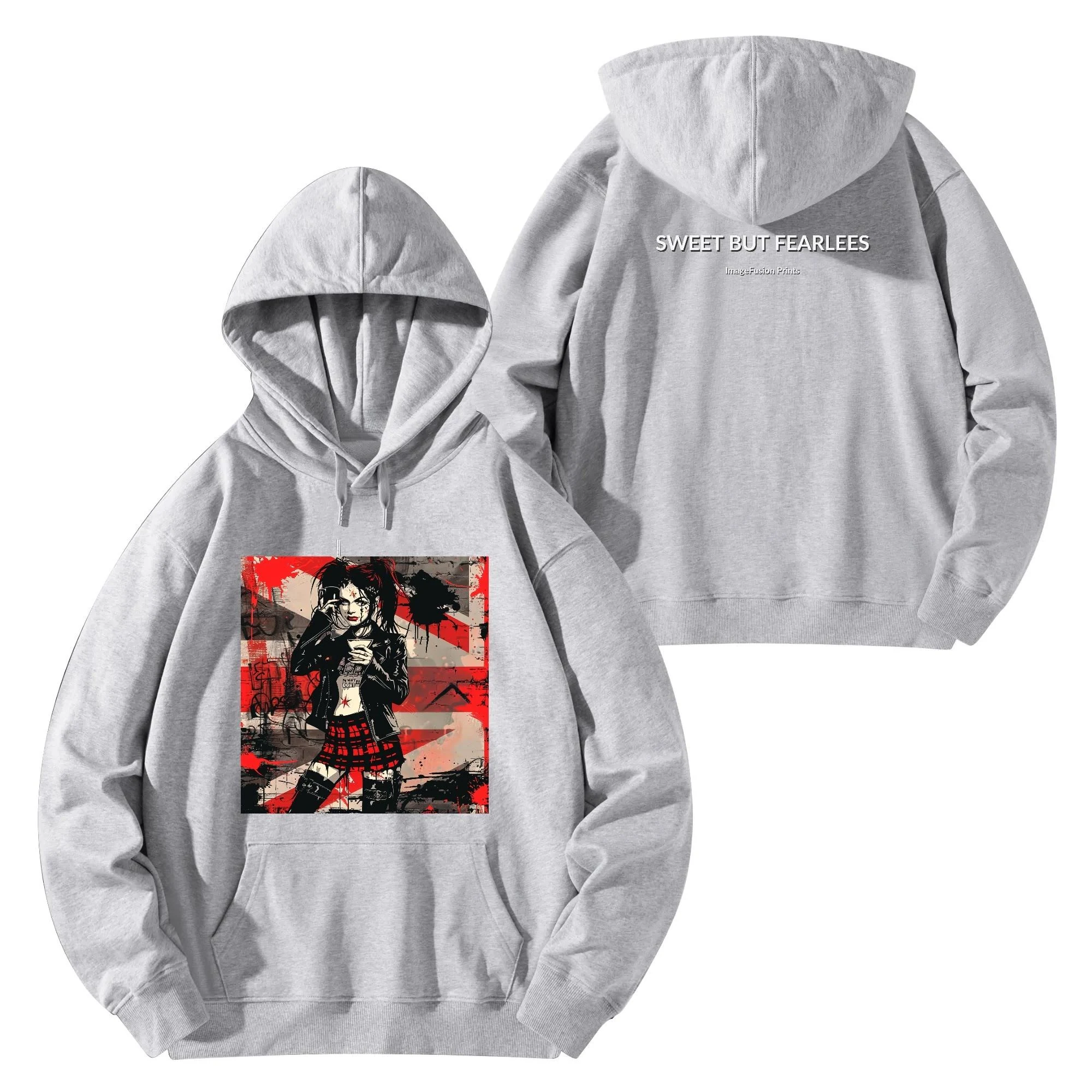 Hoodie unisex negra con ilustración punk de chica tomando café y mensaje trasero SWEET BUT FEARLESS en blanco