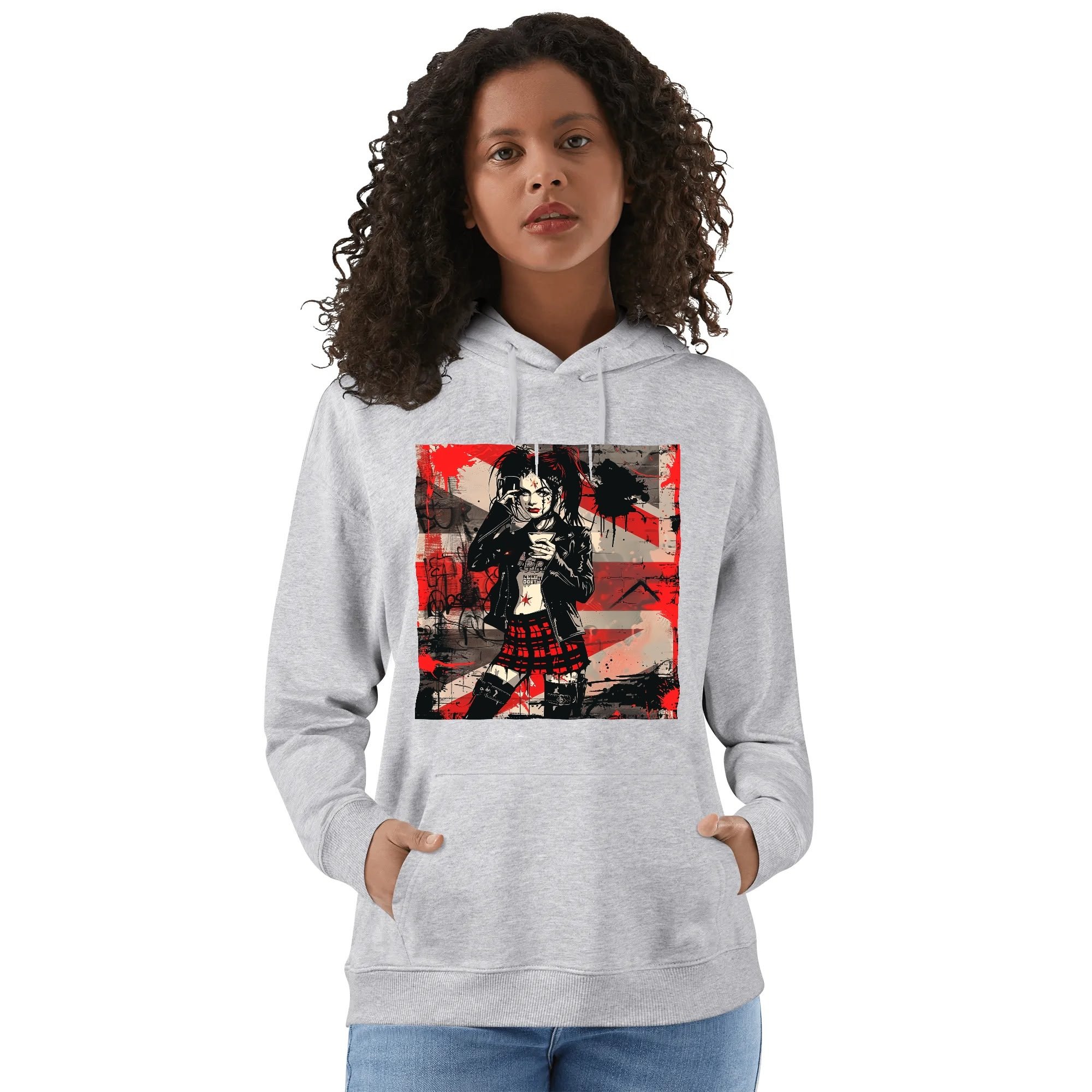 Hoodie unisex negra con ilustración punk de chica tomando café y mensaje trasero SWEET BUT FEARLESS en blanco