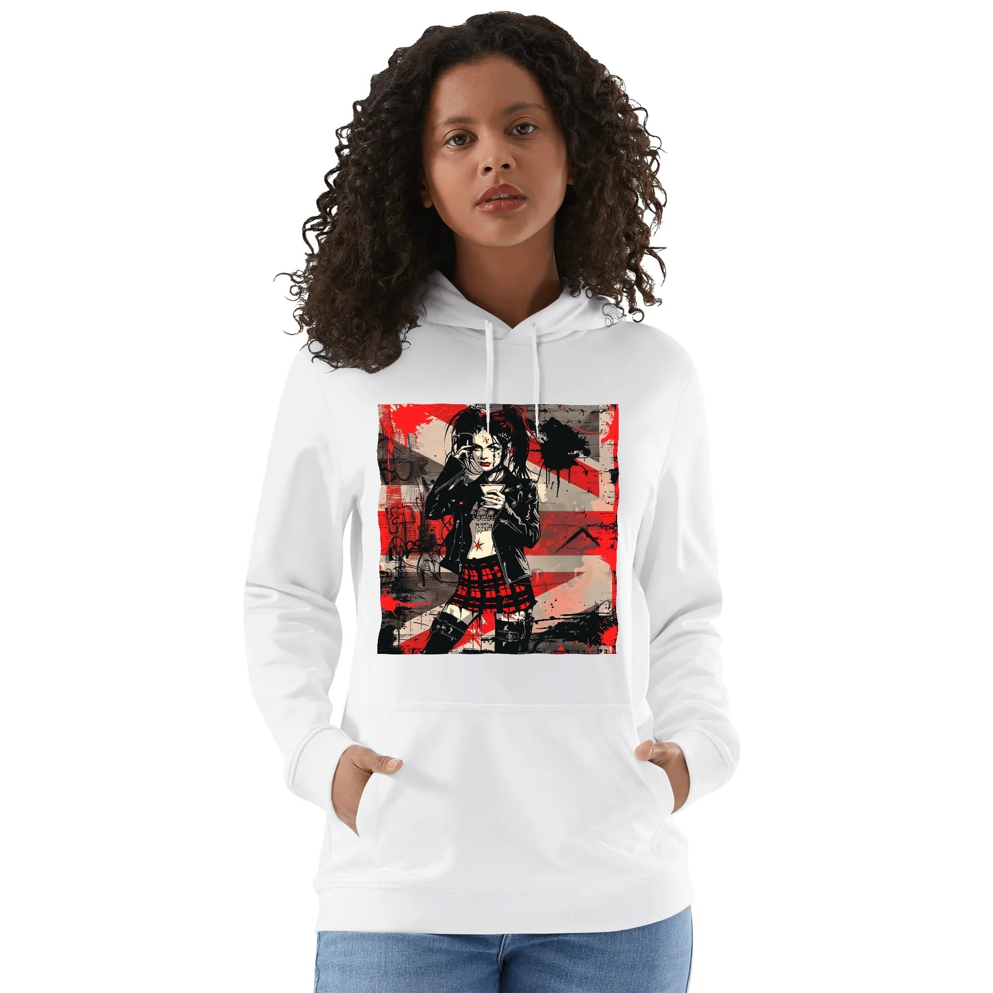 Hoodie unisex negra con ilustración punk de chica tomando café y mensaje trasero SWEET BUT FEARLESS en blanco