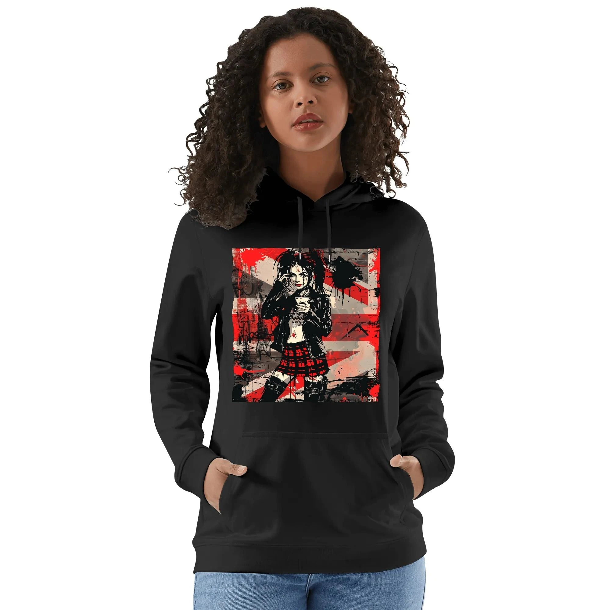 Hoodie unisex negra con ilustración punk de chica tomando café y mensaje trasero SWEET BUT FEARLESS en blanco