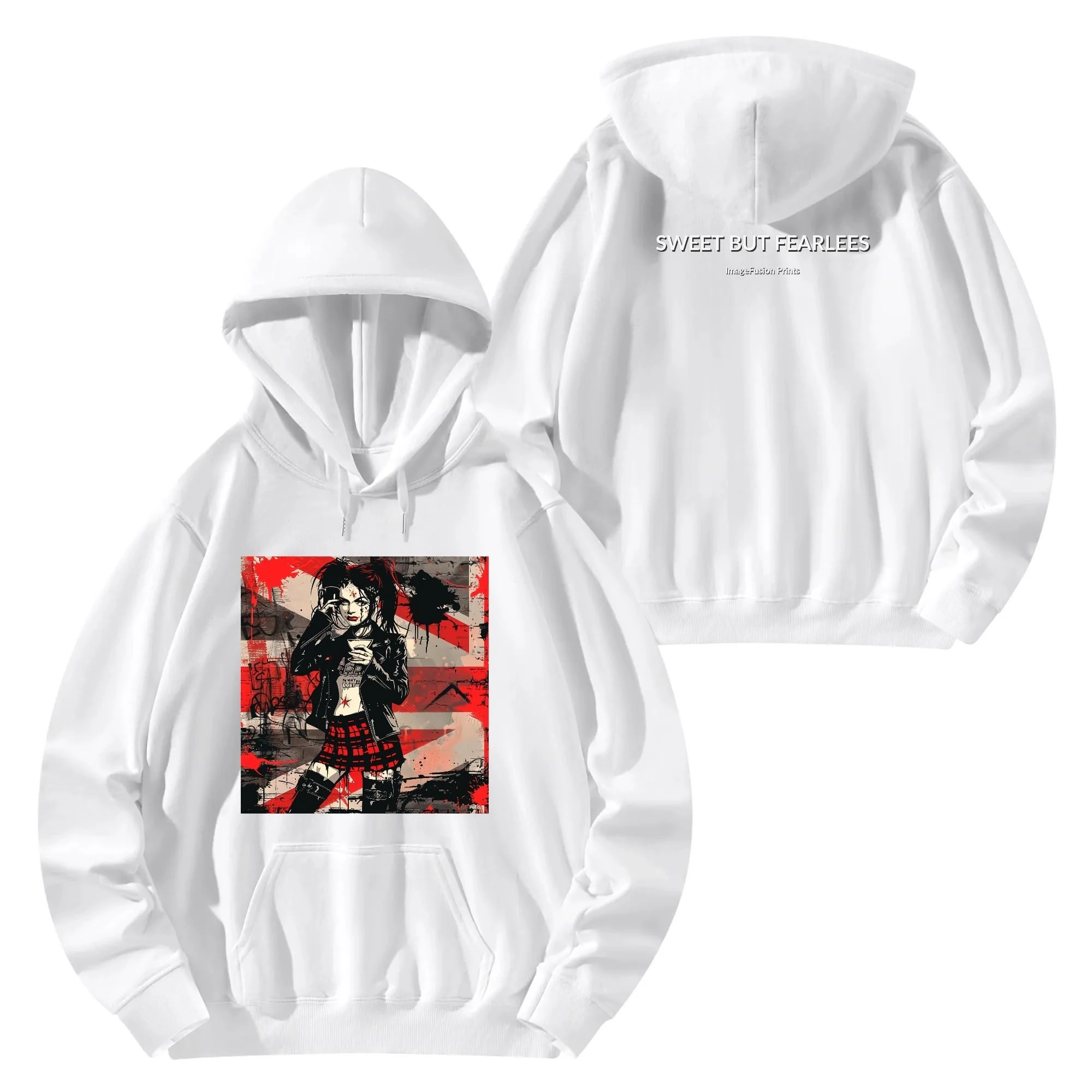 Hoodie unisex negra con ilustración punk de chica tomando café y mensaje trasero SWEET BUT FEARLESS en blanco
