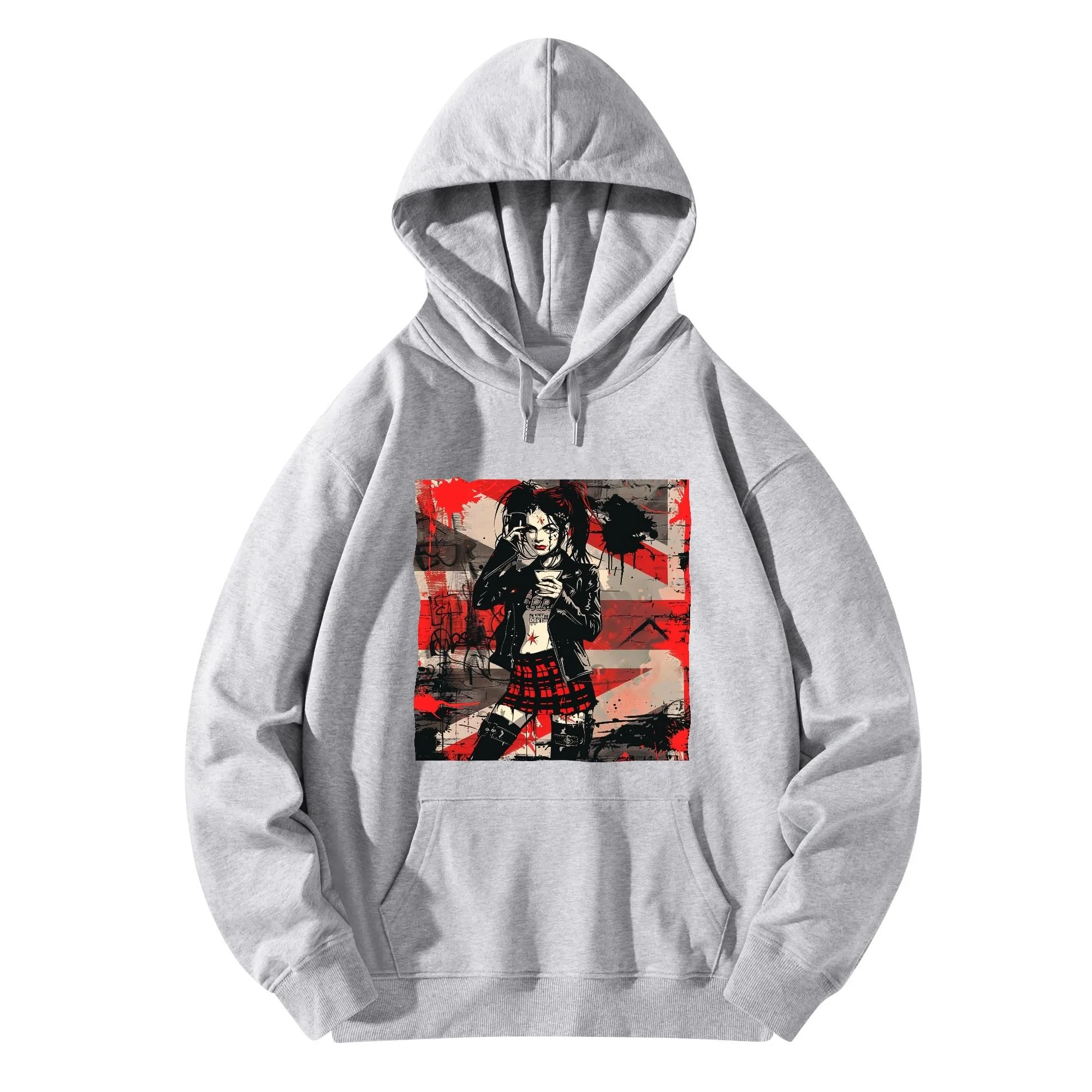Hoodie unisex negra con ilustración punk de chica tomando café y mensaje trasero SWEET BUT FEARLESS en blanco