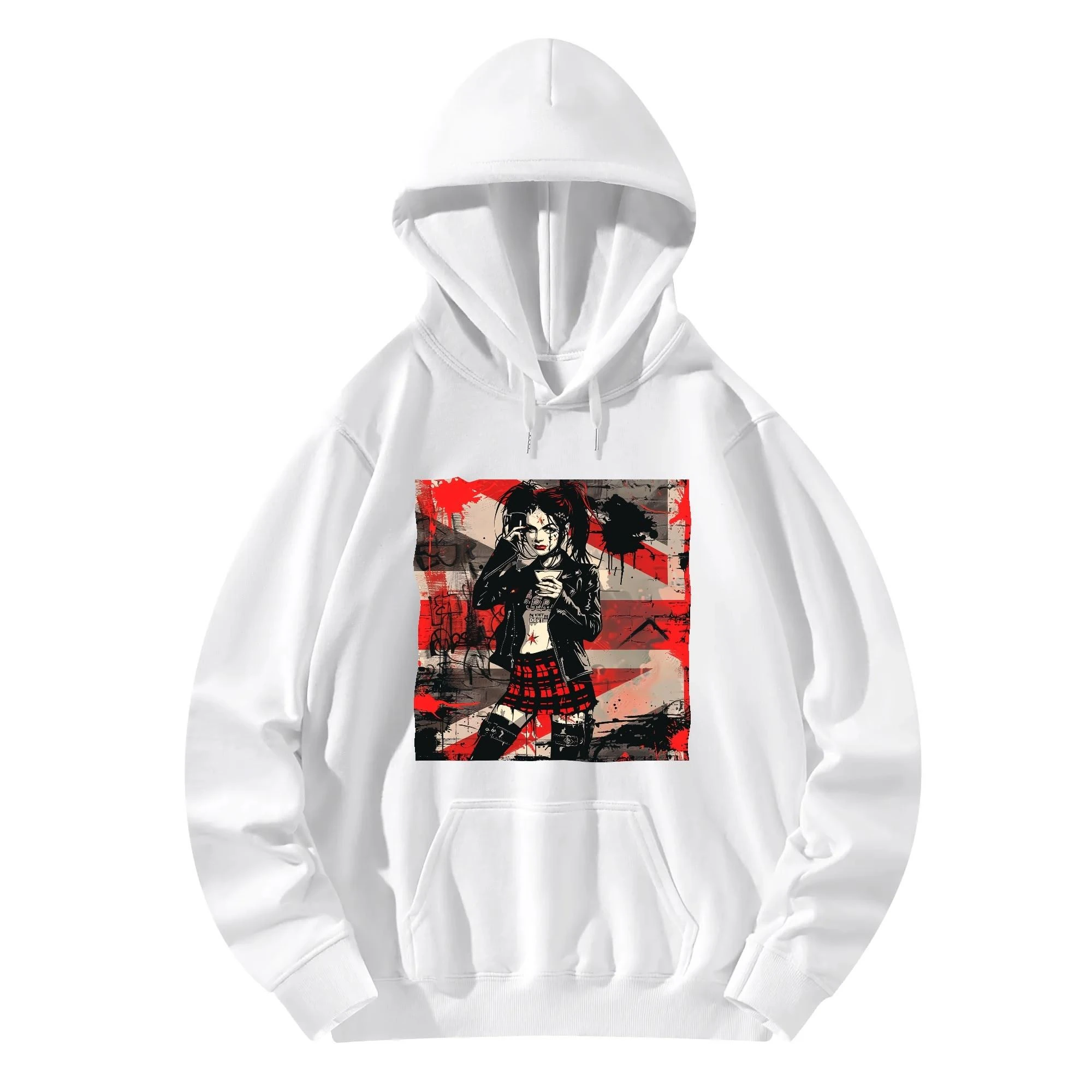 Hoodie unisex negra con ilustración punk de chica tomando café y mensaje trasero SWEET BUT FEARLESS en blanco