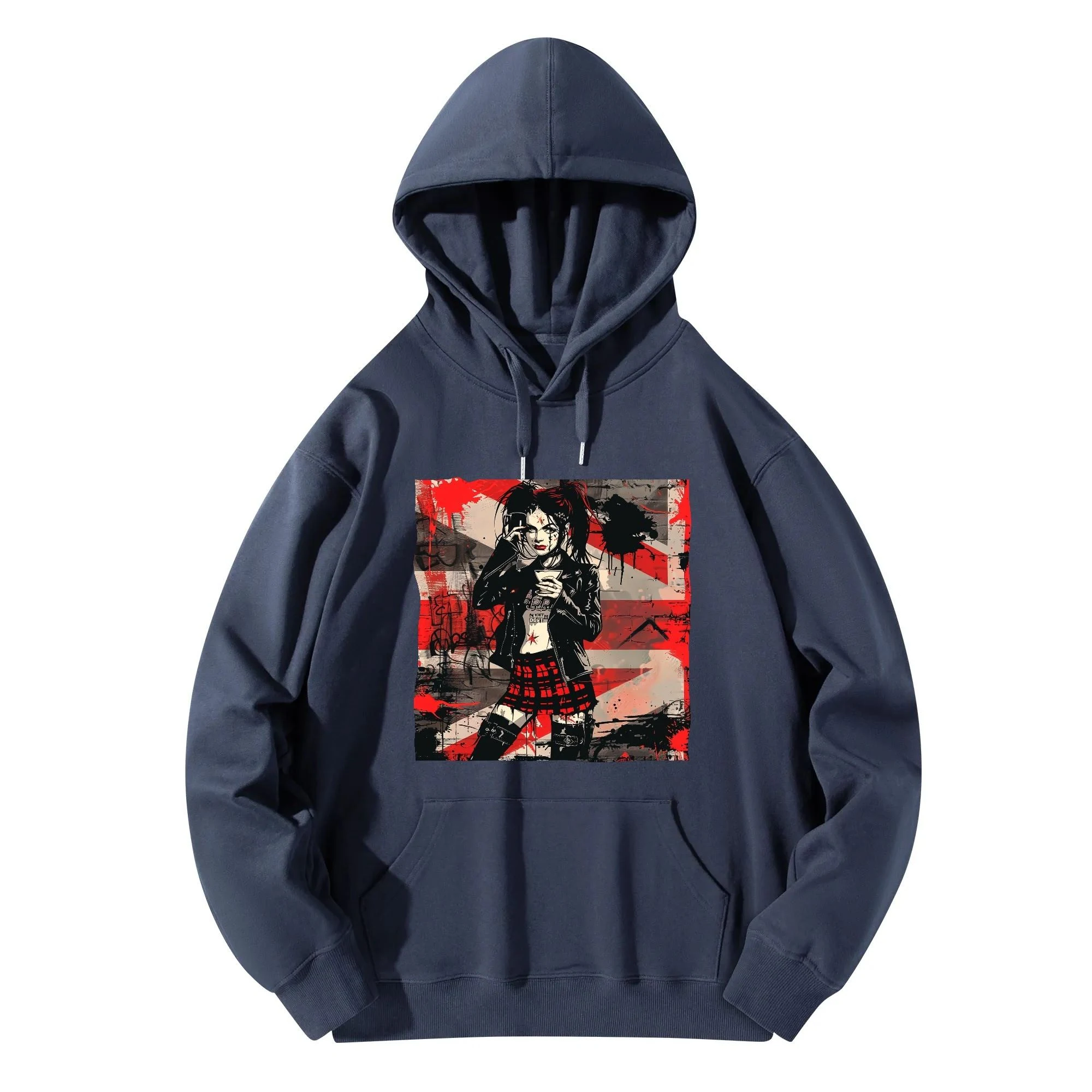 Hoodie unisex negra con ilustración punk de chica tomando café y mensaje trasero SWEET BUT FEARLESS en blanco