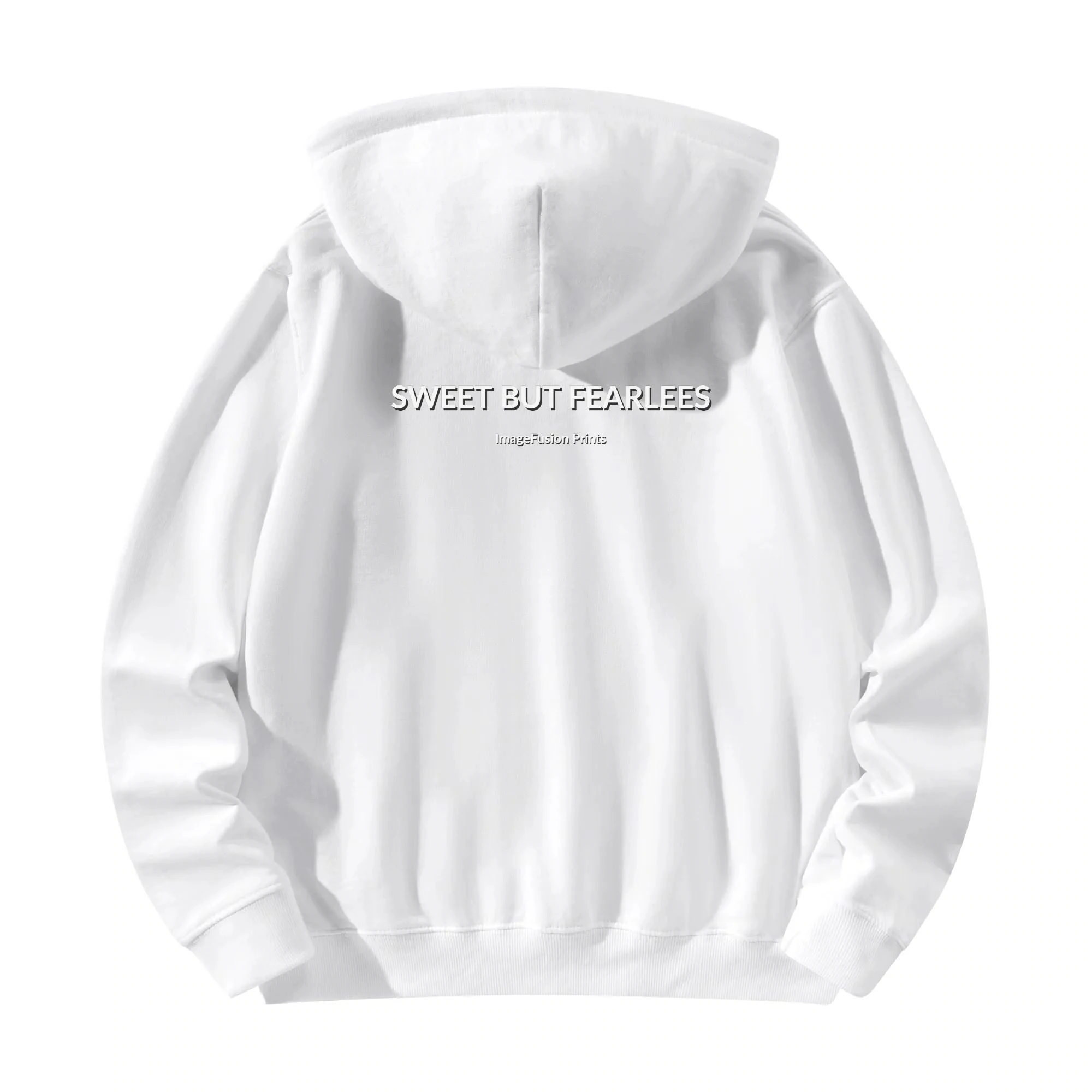 Hoodie unisex negra con ilustración punk de chica tomando café y mensaje trasero SWEET BUT FEARLESS en blanco