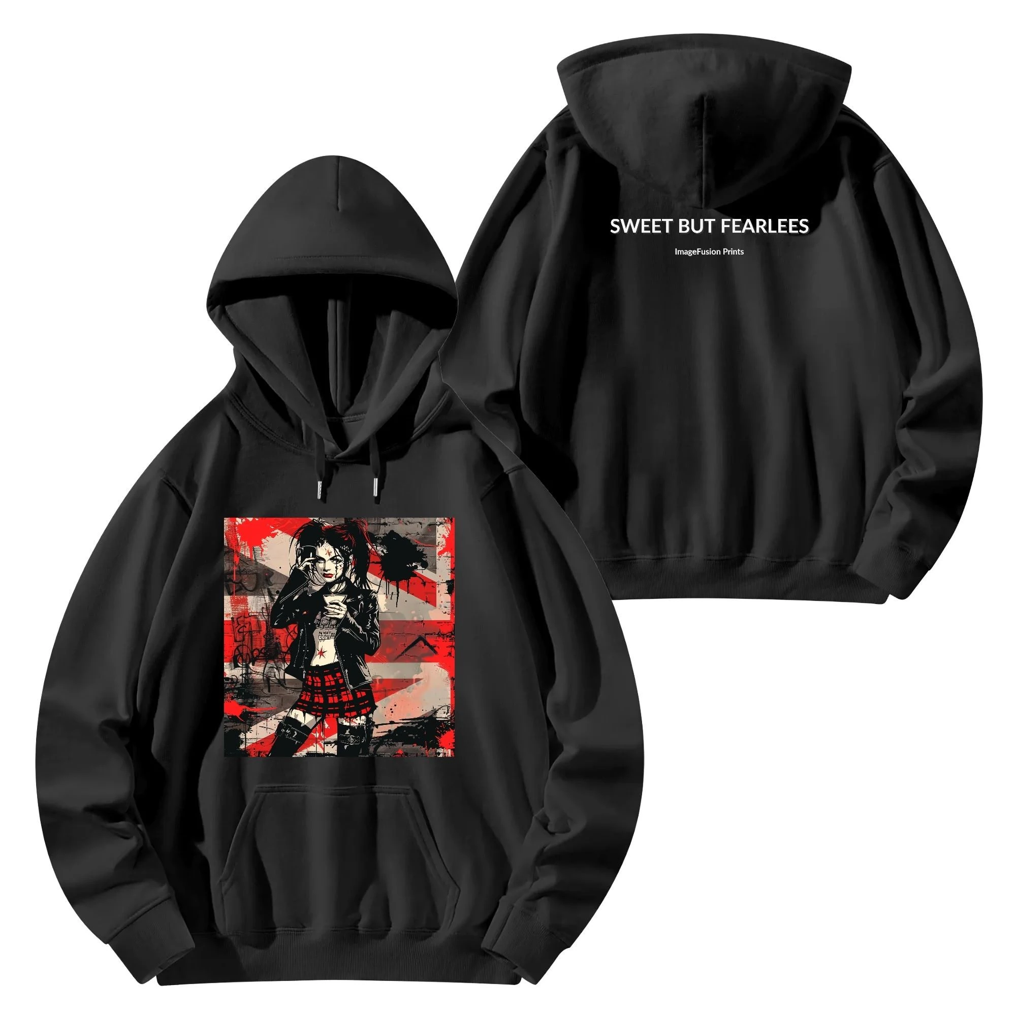 Hoodie unisex negra con ilustración punk de chica tomando café y mensaje trasero SWEET BUT FEARLESS en blanco