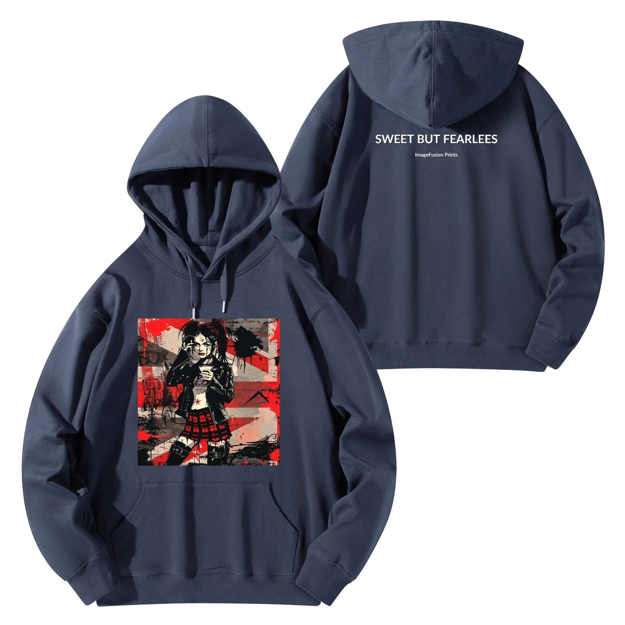 Hoodie unisex negra con ilustración punk de chica tomando café y mensaje trasero SWEET BUT FEARLESS en blanco