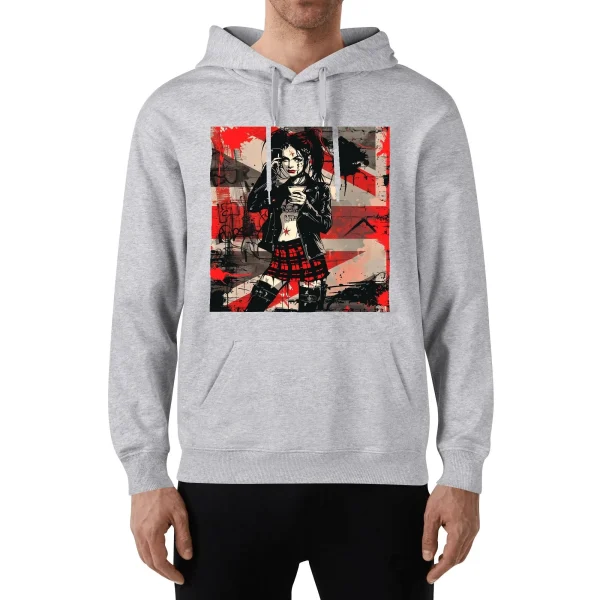 Hoodie unisex negra con ilustración punk de chica tomando café y mensaje trasero SWEET BUT FEARLESS en blanco