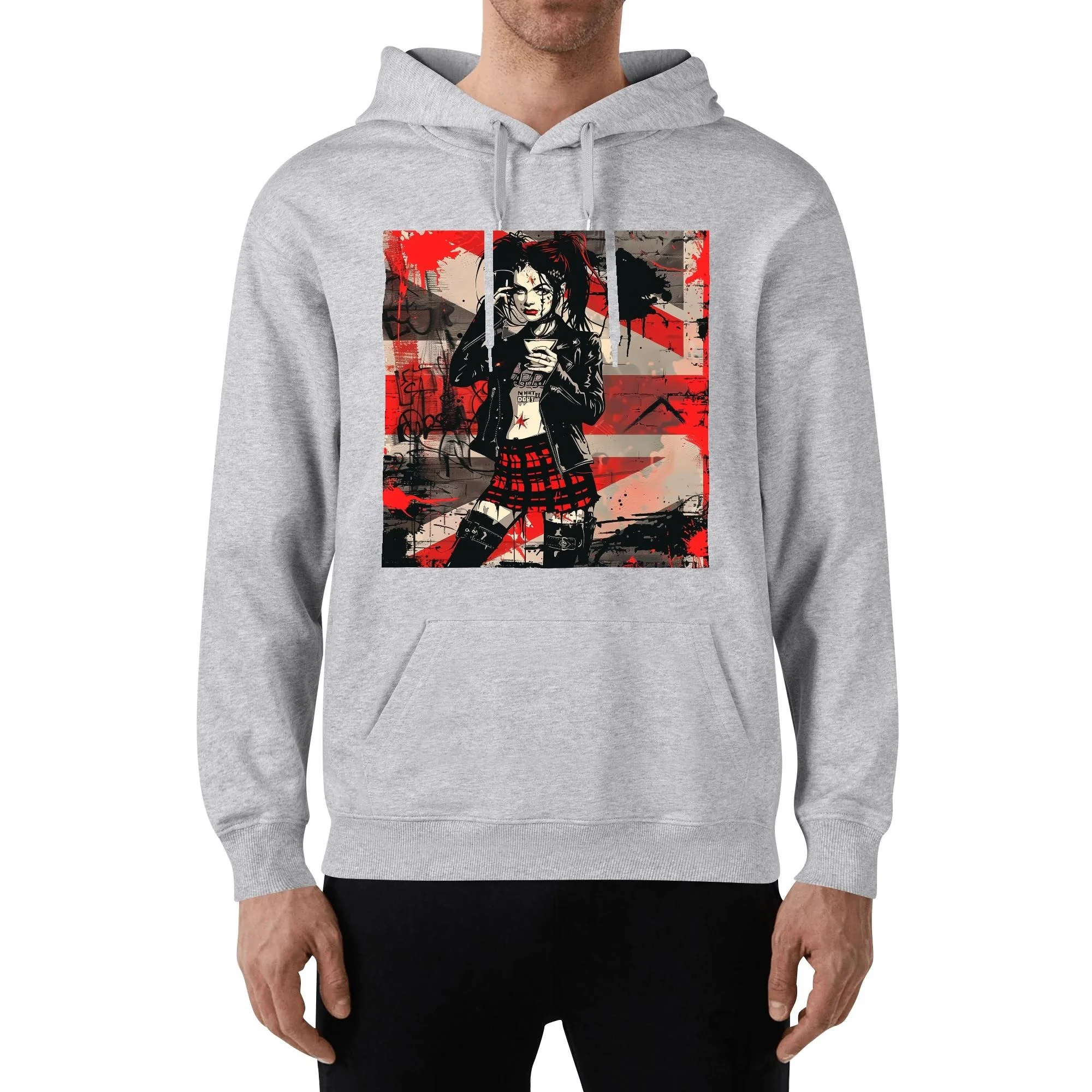 Hoodie unisex negra con ilustración punk de chica tomando café y mensaje trasero SWEET BUT FEARLESS en blanco