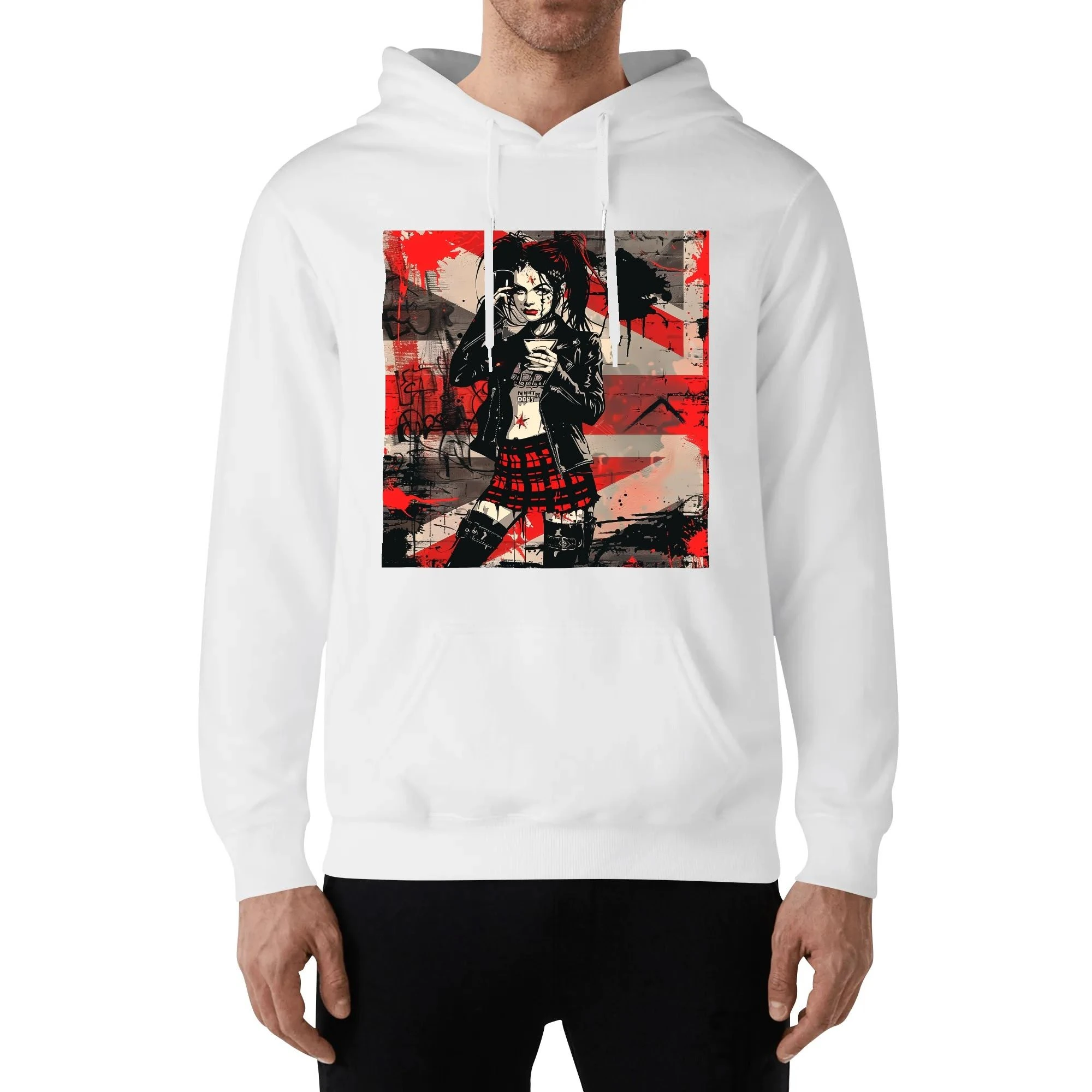 Hoodie unisex negra con ilustración punk de chica tomando café y mensaje trasero SWEET BUT FEARLESS en blanco