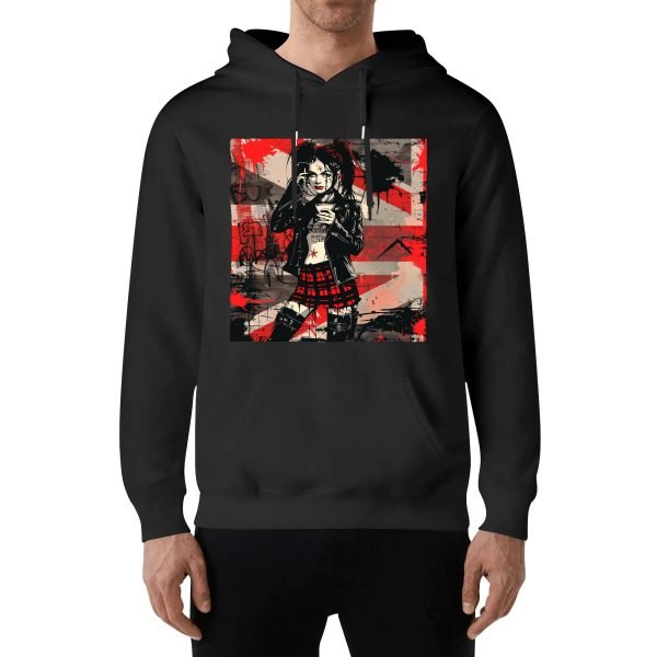 Hoodie unisex negra con ilustración punk de chica tomando café y mensaje trasero SWEET BUT FEARLESS en blanco