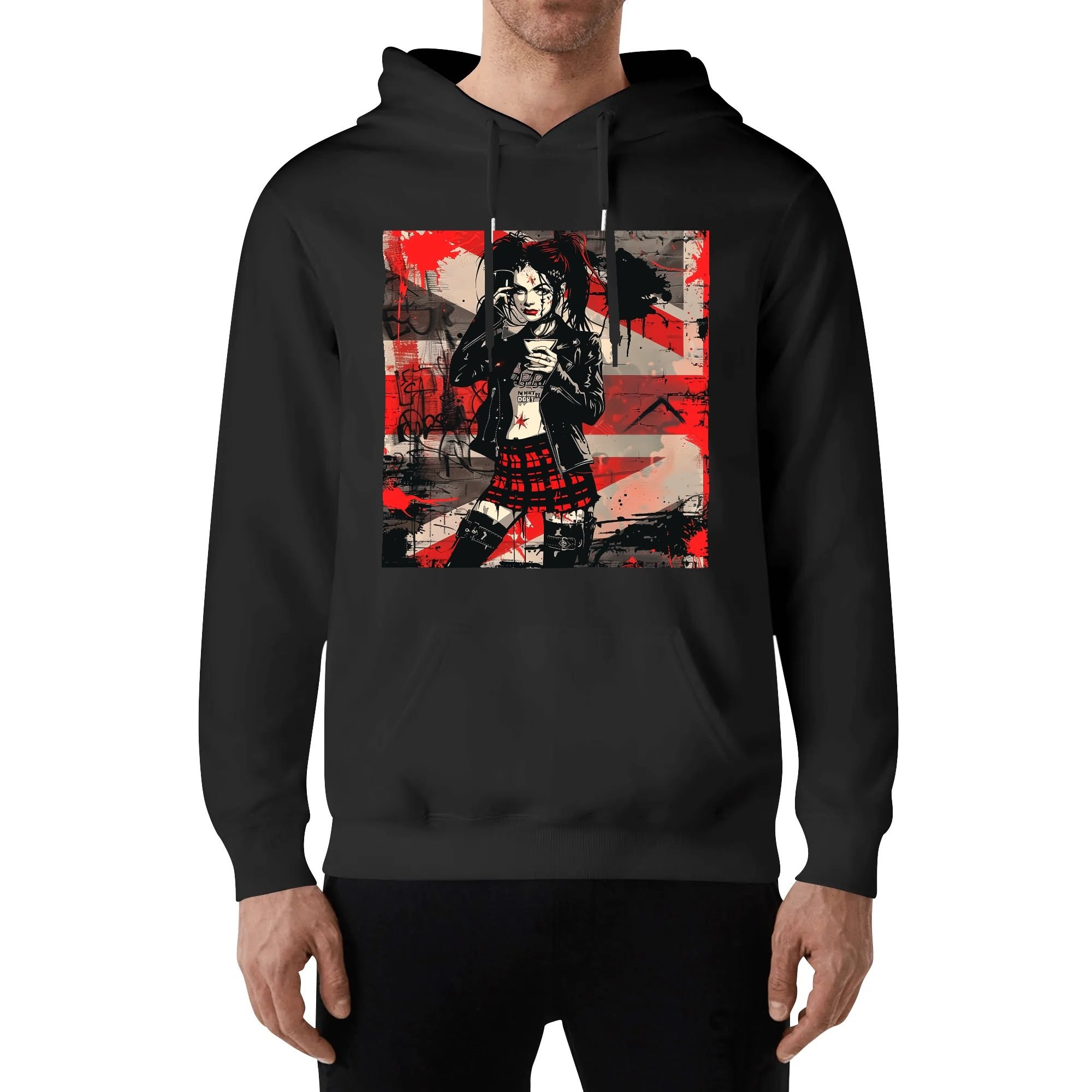 Hoodie unisex negra con ilustración punk de chica tomando café y mensaje trasero SWEET BUT FEARLESS en blanco