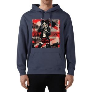 Hoodie unisex negra con ilustración punk de chica tomando café y mensaje trasero SWEET BUT FEARLESS en blanco