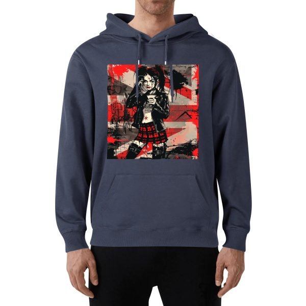 Hoodie unisex negra con ilustración punk de chica tomando café y mensaje trasero SWEET BUT FEARLESS en blanco