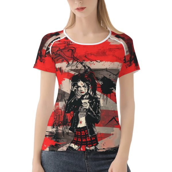 Camiseta mujer Attitude Over Approval con diseño punk y mensaje rebelde en rojo y negro