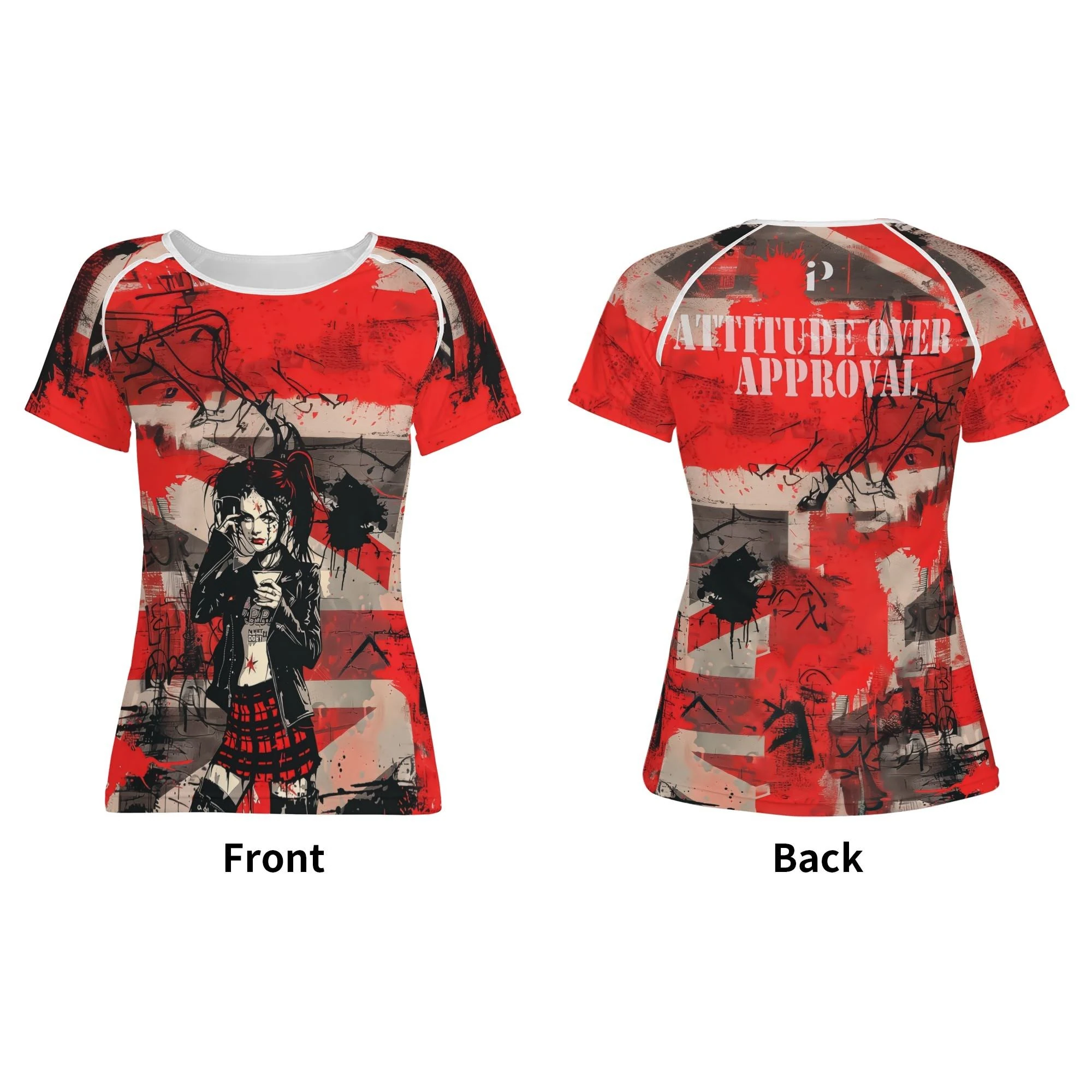Camiseta mujer Attitude Over Approval con diseño punk y mensaje rebelde en rojo y negro