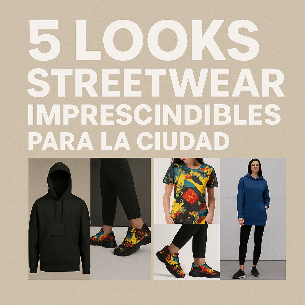 Collage cuadrado con cinco outfits streetwear urbanos, incluyendo hoodies gráficas, pantalones anchos, camisetas oversize y zapatillas llamativas, ambientados en entornos urbanos modernos.