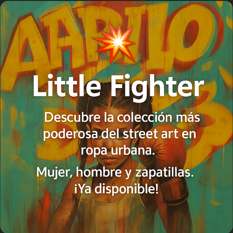 Diseño promocional de la colección Little Fighter de ImageFusion Prints con camisetas, sudaderas y zapatillas estilo streetwear y fondo gráfico urbano