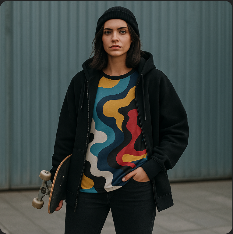 Chica joven con cabello claro y chaqueta de cuero posando con actitud alternativa, representa el estilo minimalista y urbano