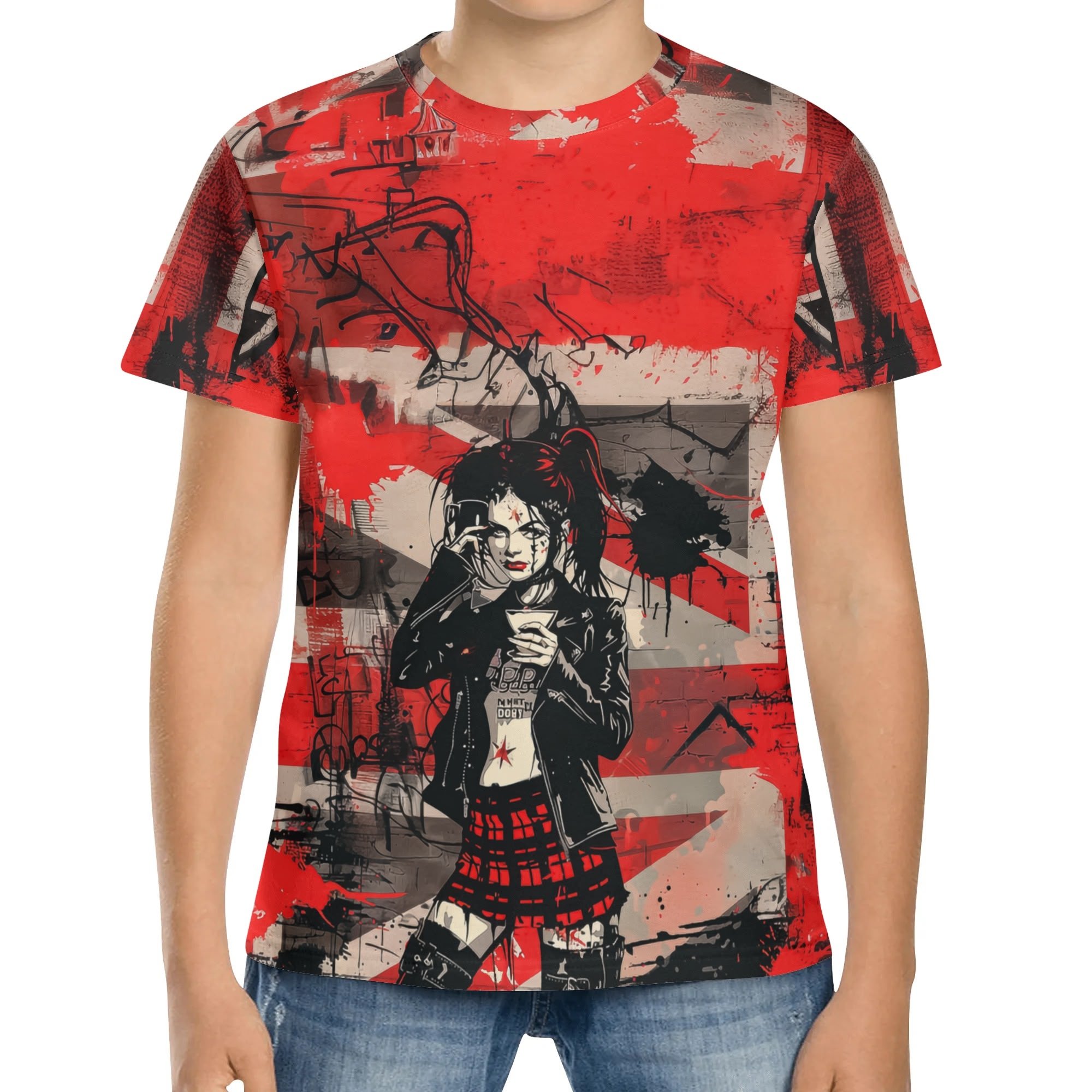 Camiseta gráfica para niños con diseño punk de chica rebelde y tipografía “Attitude Over Approval” en fondo rojo y negro