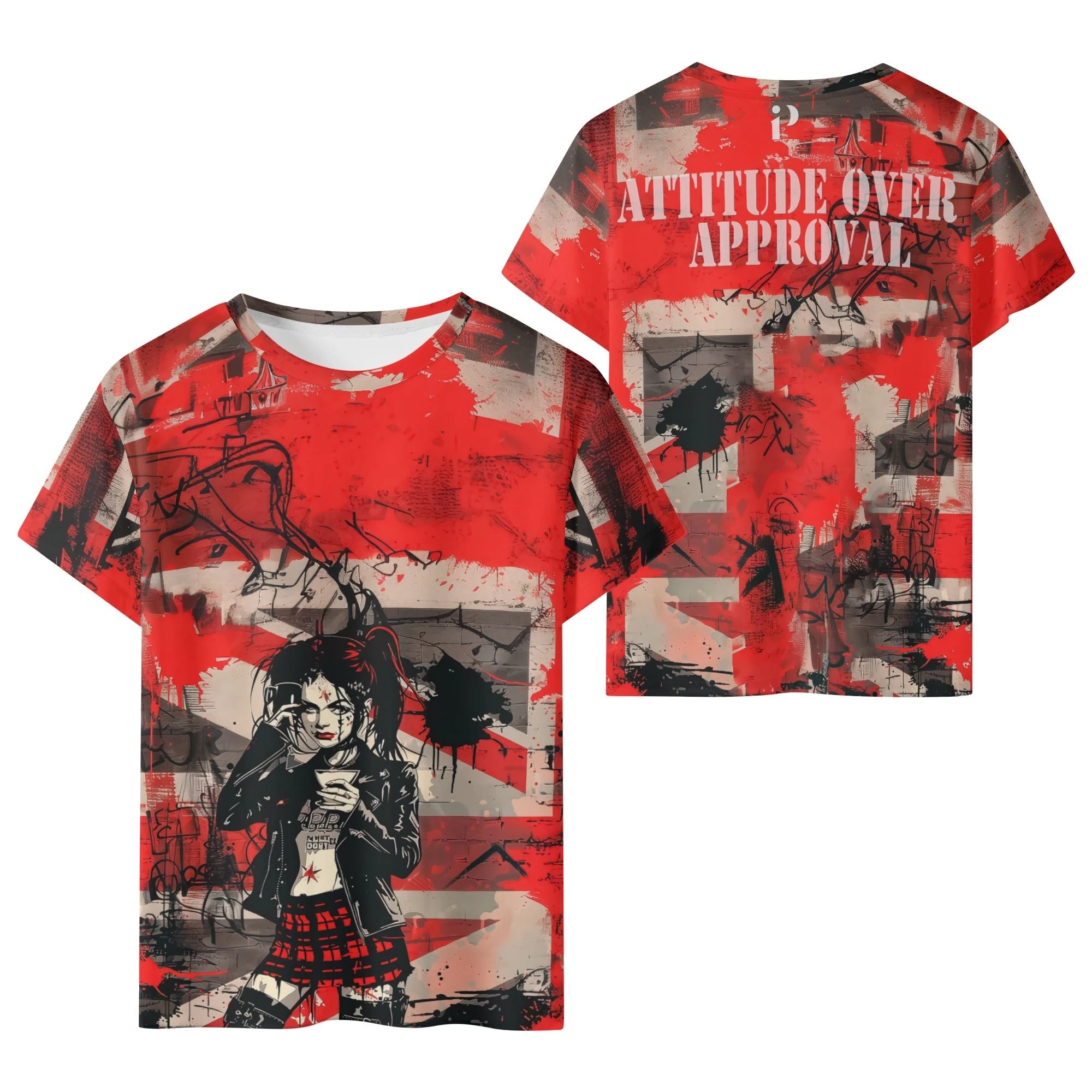 Camiseta gráfica para niños con diseño punk de chica rebelde y tipografía “Attitude Over Approval” en fondo rojo y negro