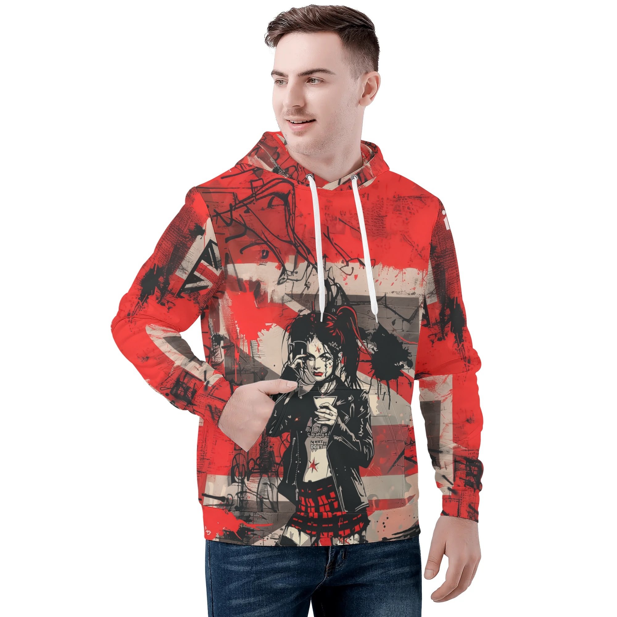 Sudadera con capucha hombre con diseño punk y frase Attitude Over Approval en rojo y negro