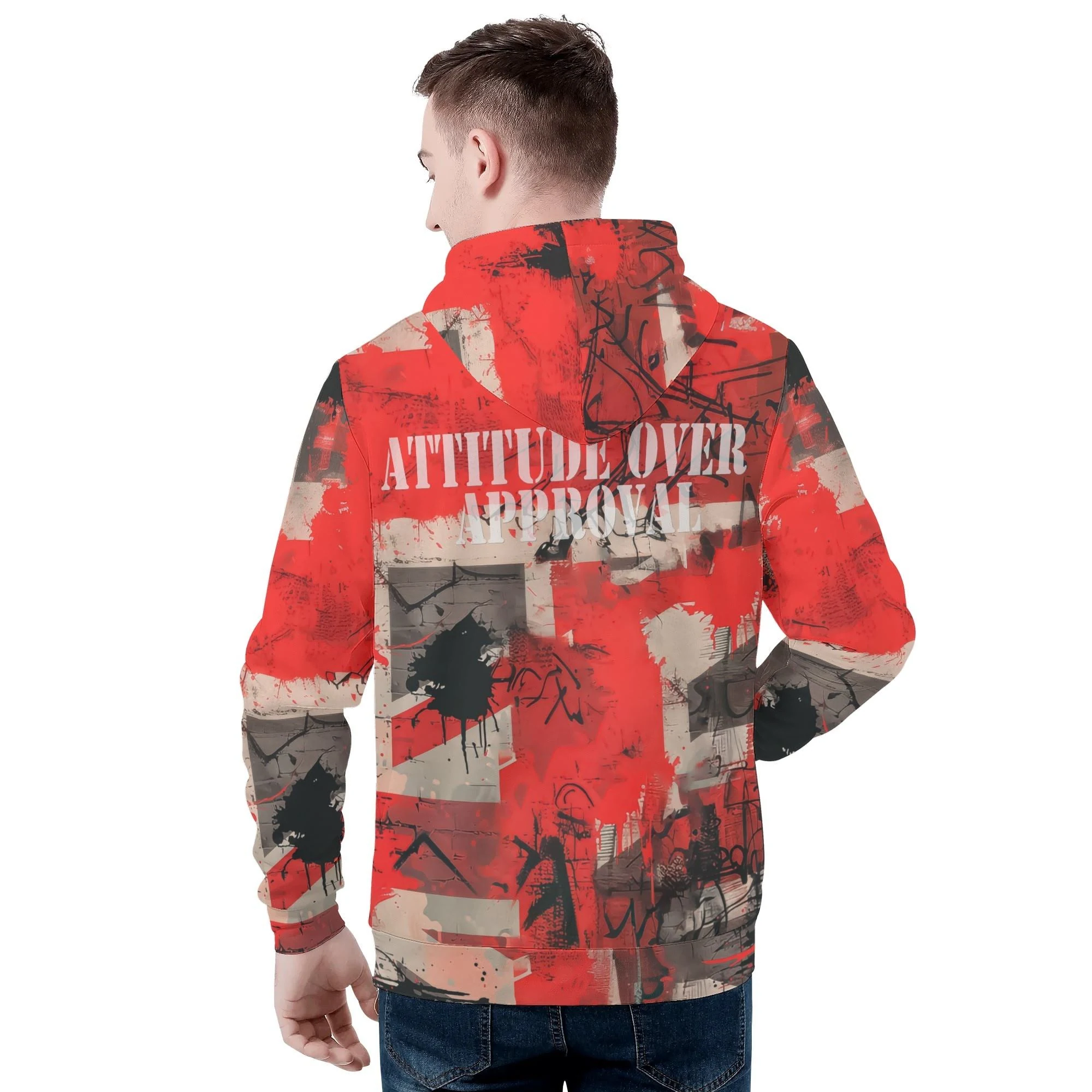 Sudadera con capucha hombre con diseño punk y frase Attitude Over Approval en rojo y negro