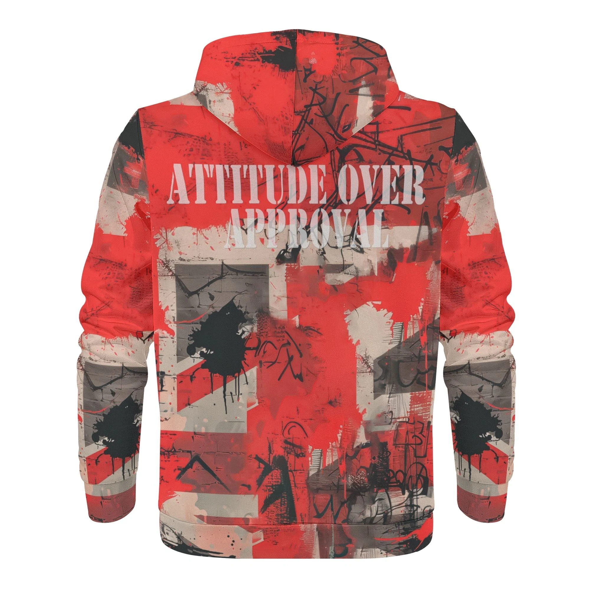 Sudadera con capucha hombre con diseño punk y frase Attitude Over Approval en rojo y negro