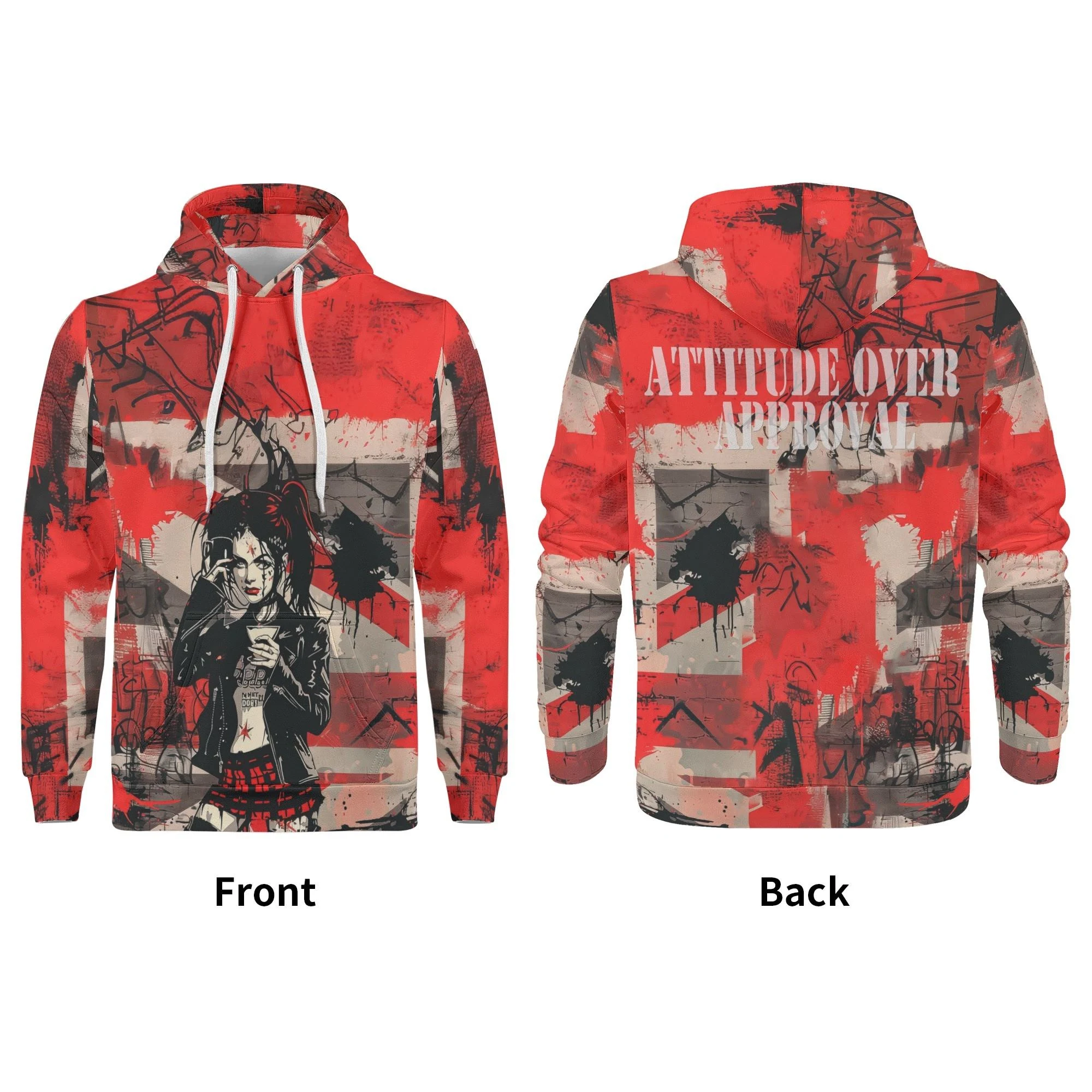 Sudadera con capucha hombre con diseño punk y frase Attitude Over Approval en rojo y negro