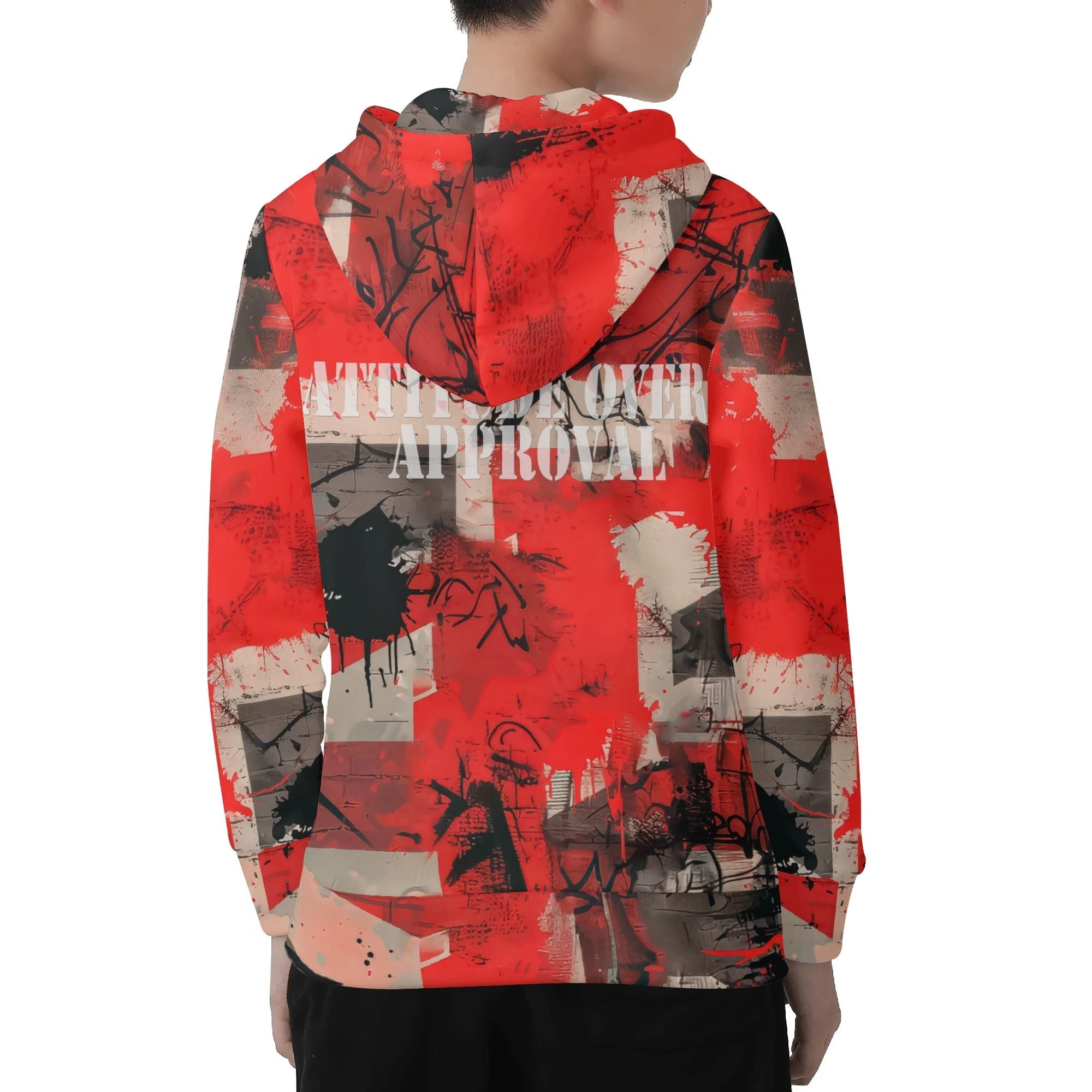 Sudadera infantil unisex con diseño gráfico urbano y mensaje "Attitude Over Approval"