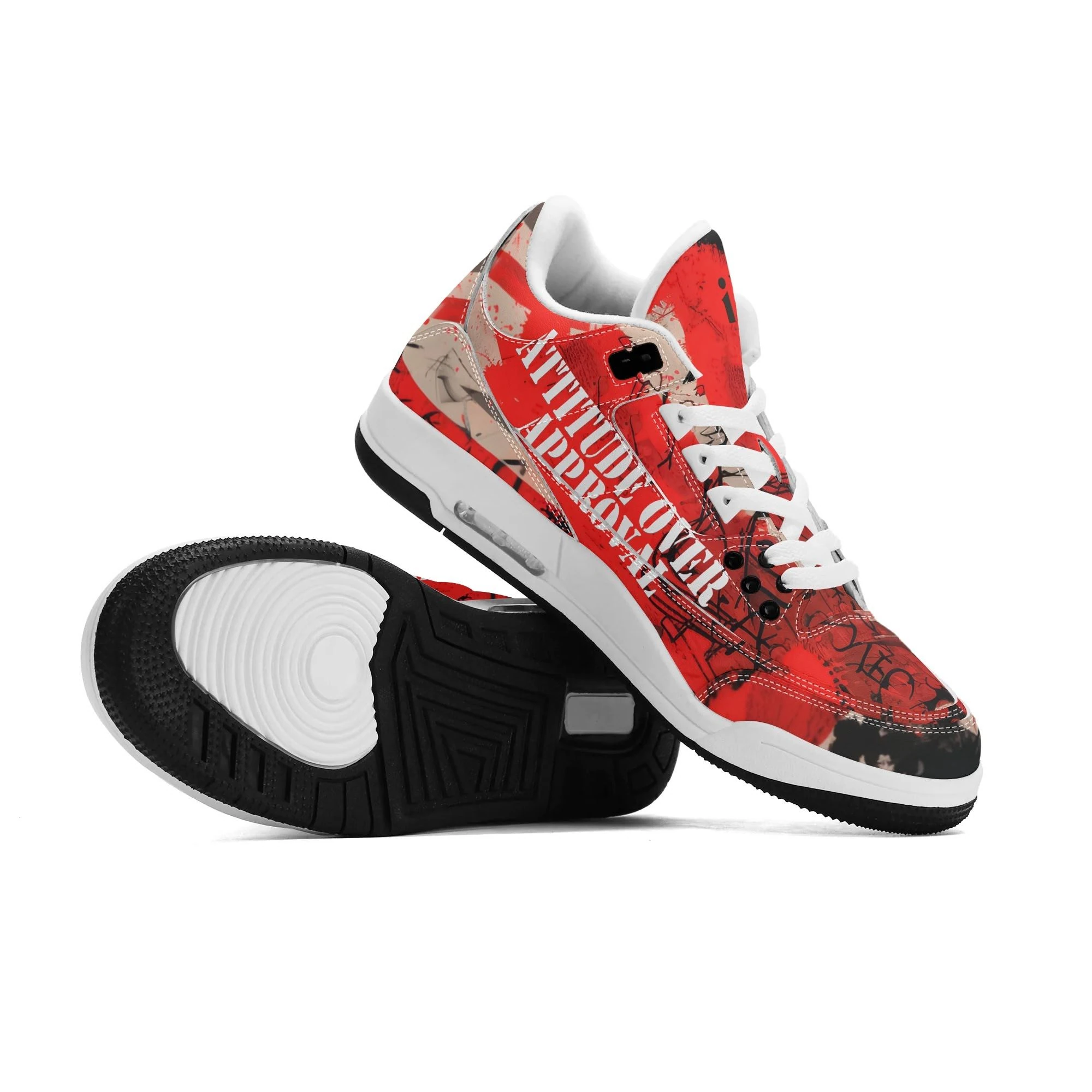 Zapatillas altas retro para hombre con diseño gráfico rojo y mensaje “Attitude Over Approval”