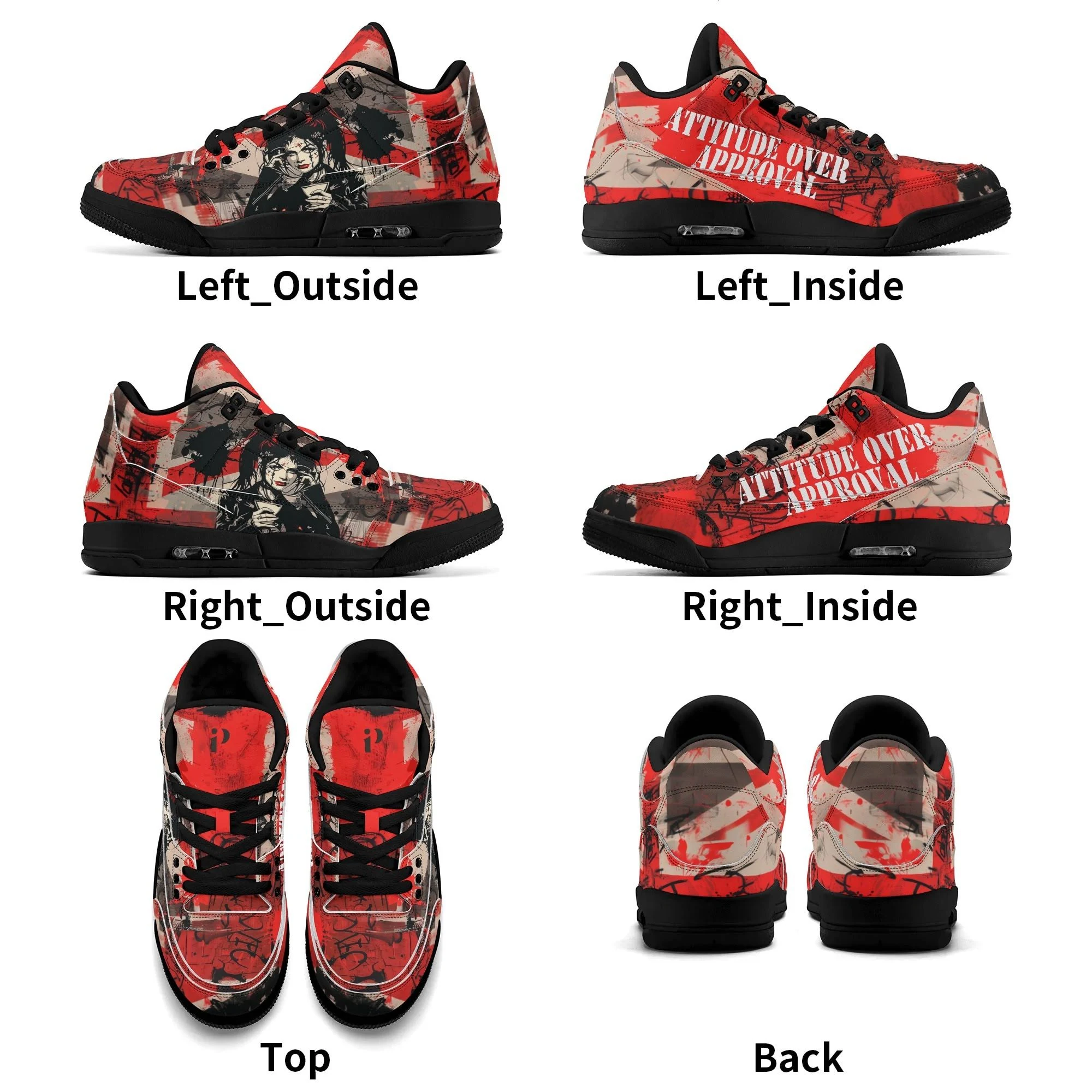 Zapatillas altas retro para hombre con diseño gráfico rojo y mensaje “Attitude Over Approval”