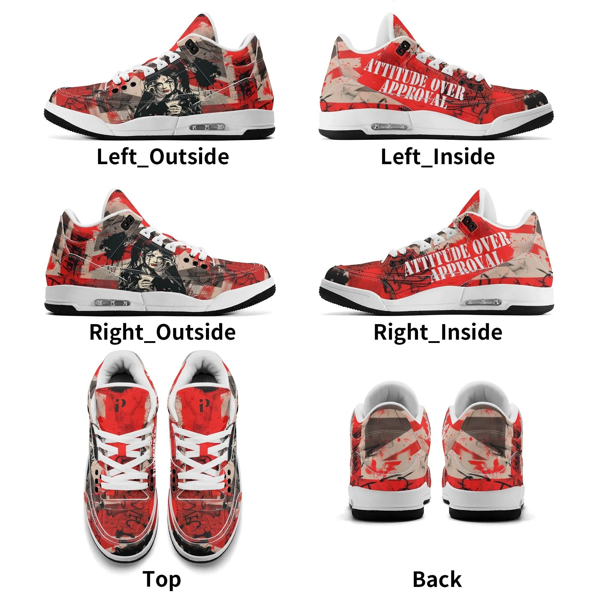 Zapatillas altas retro para hombre con diseño gráfico rojo y mensaje “Attitude Over Approval”