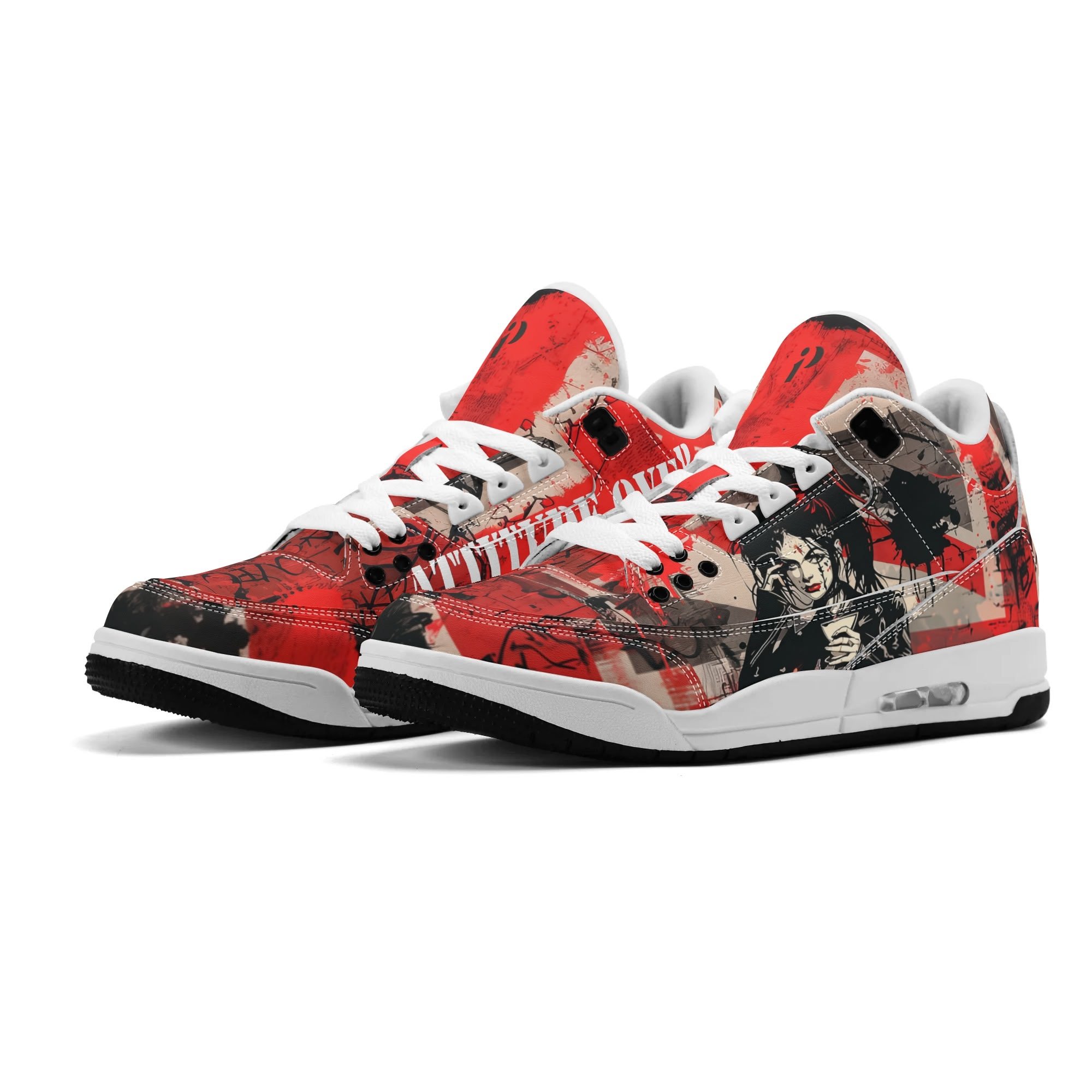 Zapatillas altas retro para hombre con diseño gráfico rojo y mensaje “Attitude Over Approval”