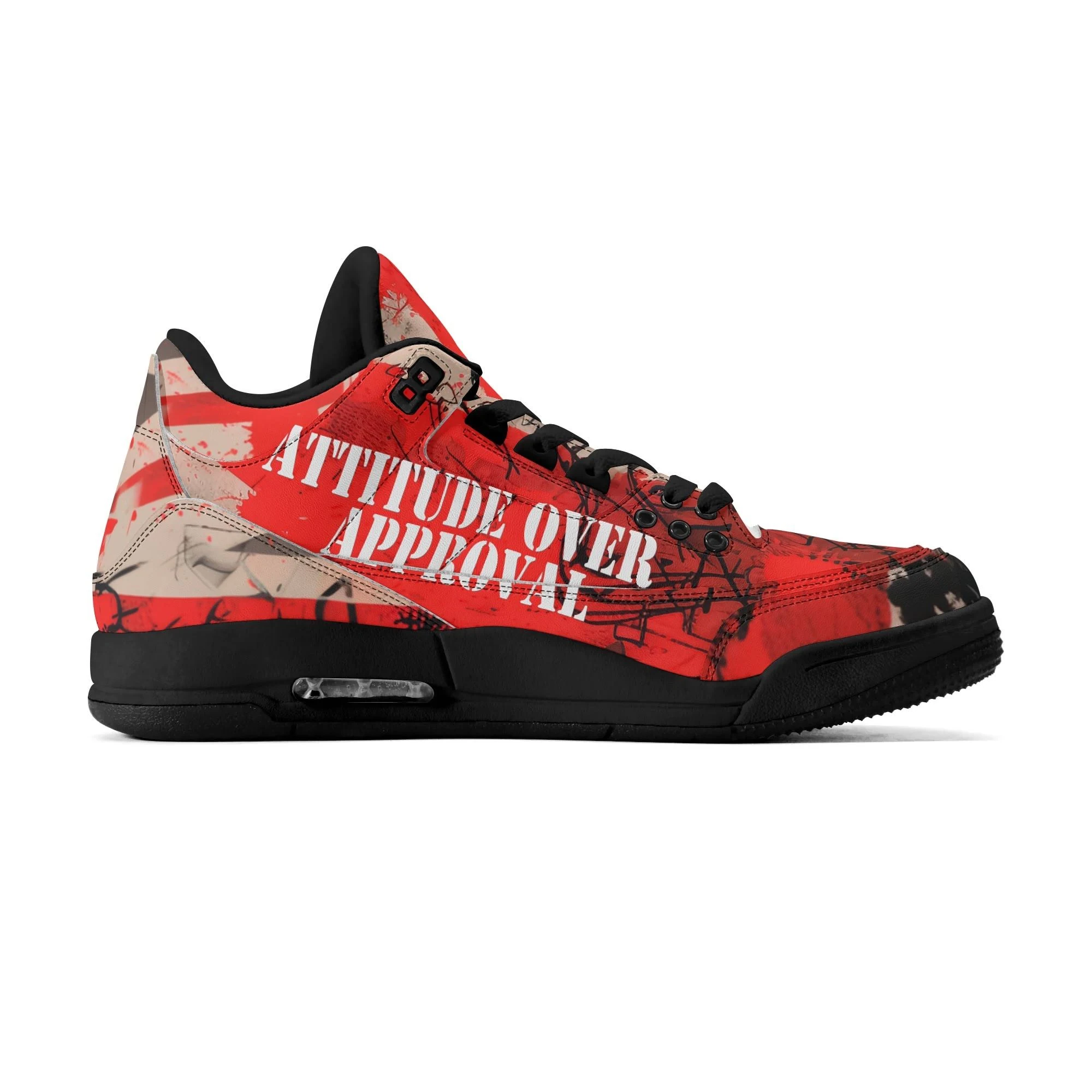 Zapatillas altas retro para hombre con diseño gráfico rojo y mensaje “Attitude Over Approval”