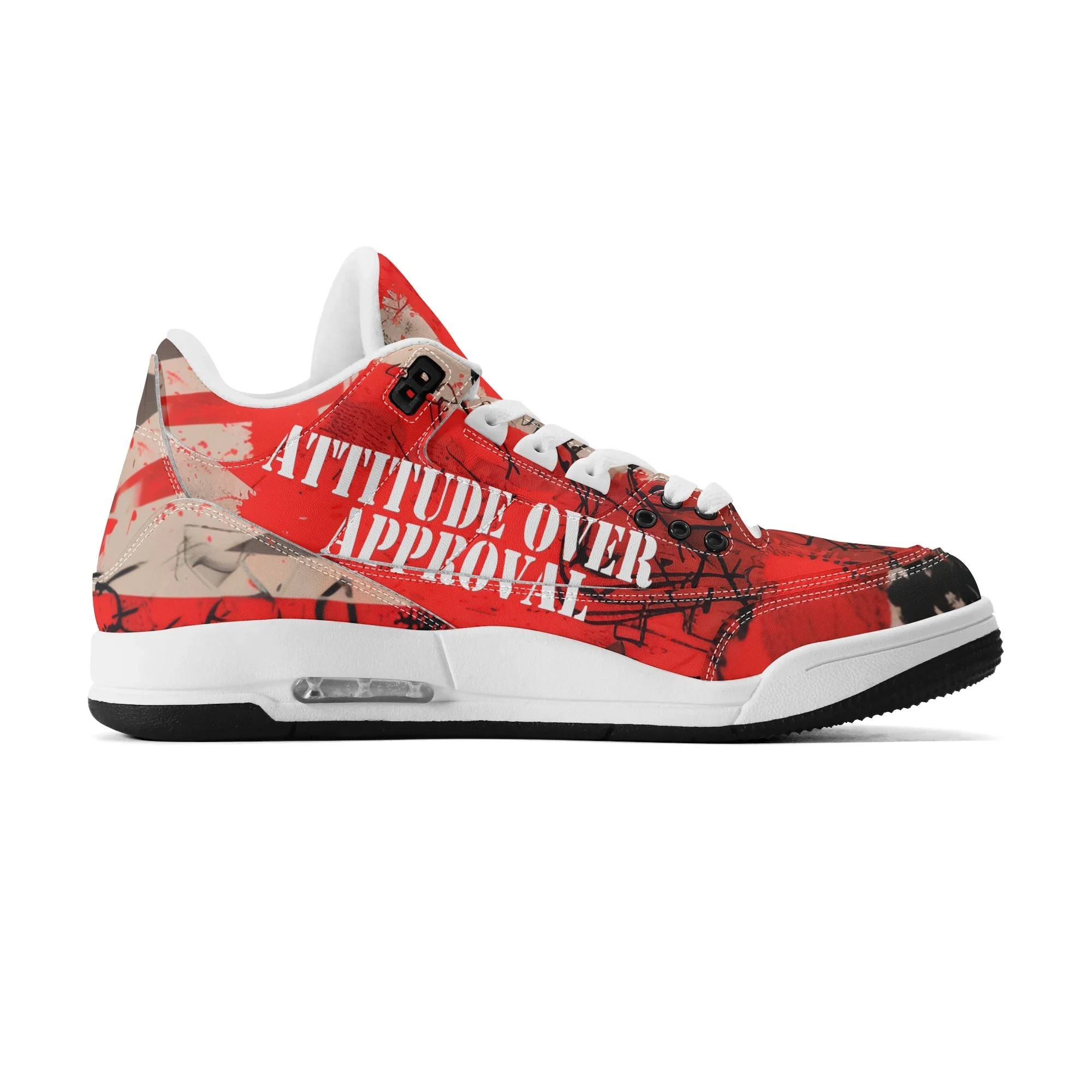 Zapatillas altas retro para hombre con diseño gráfico rojo y mensaje “Attitude Over Approval”