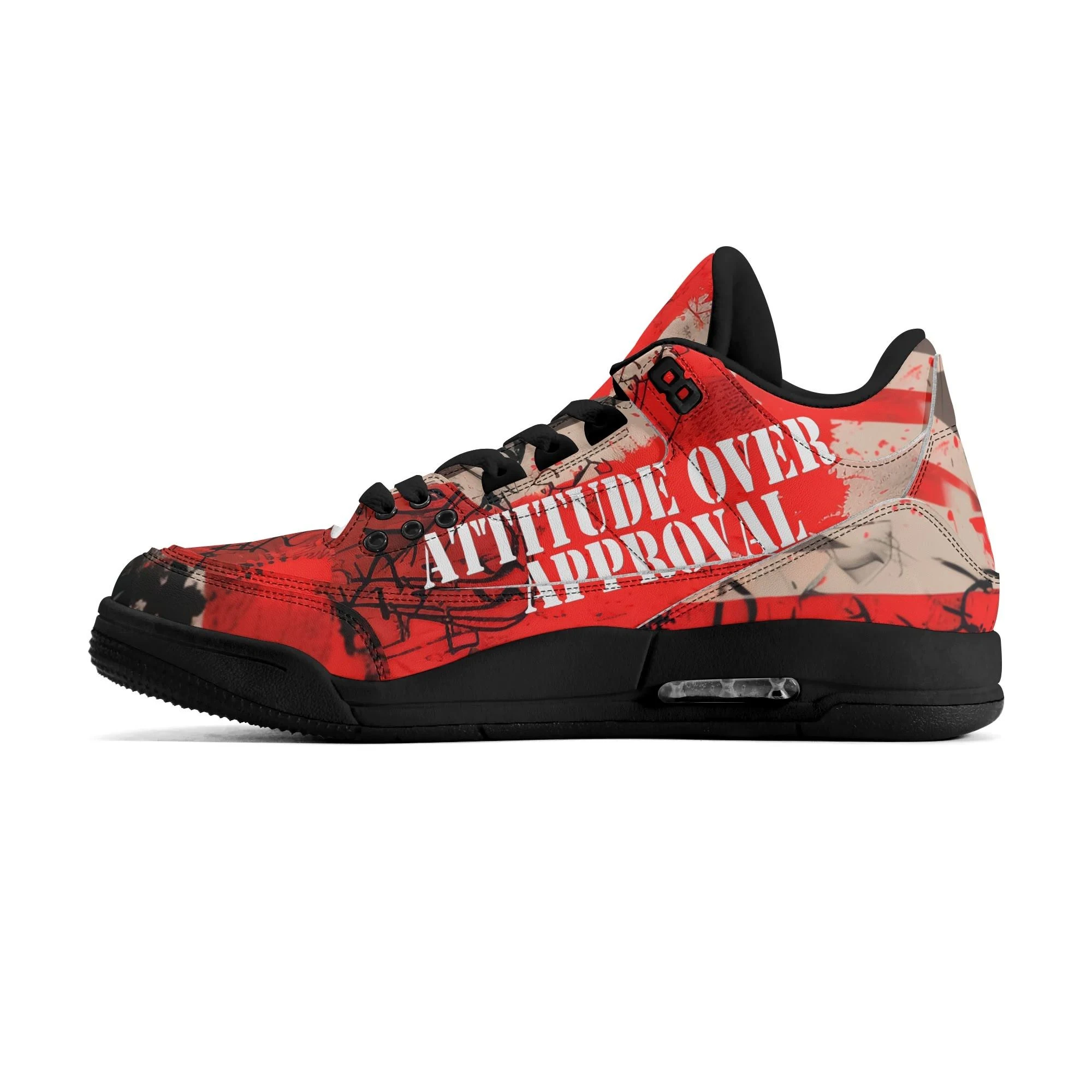 Zapatillas altas retro para hombre con diseño gráfico rojo y mensaje “Attitude Over Approval”