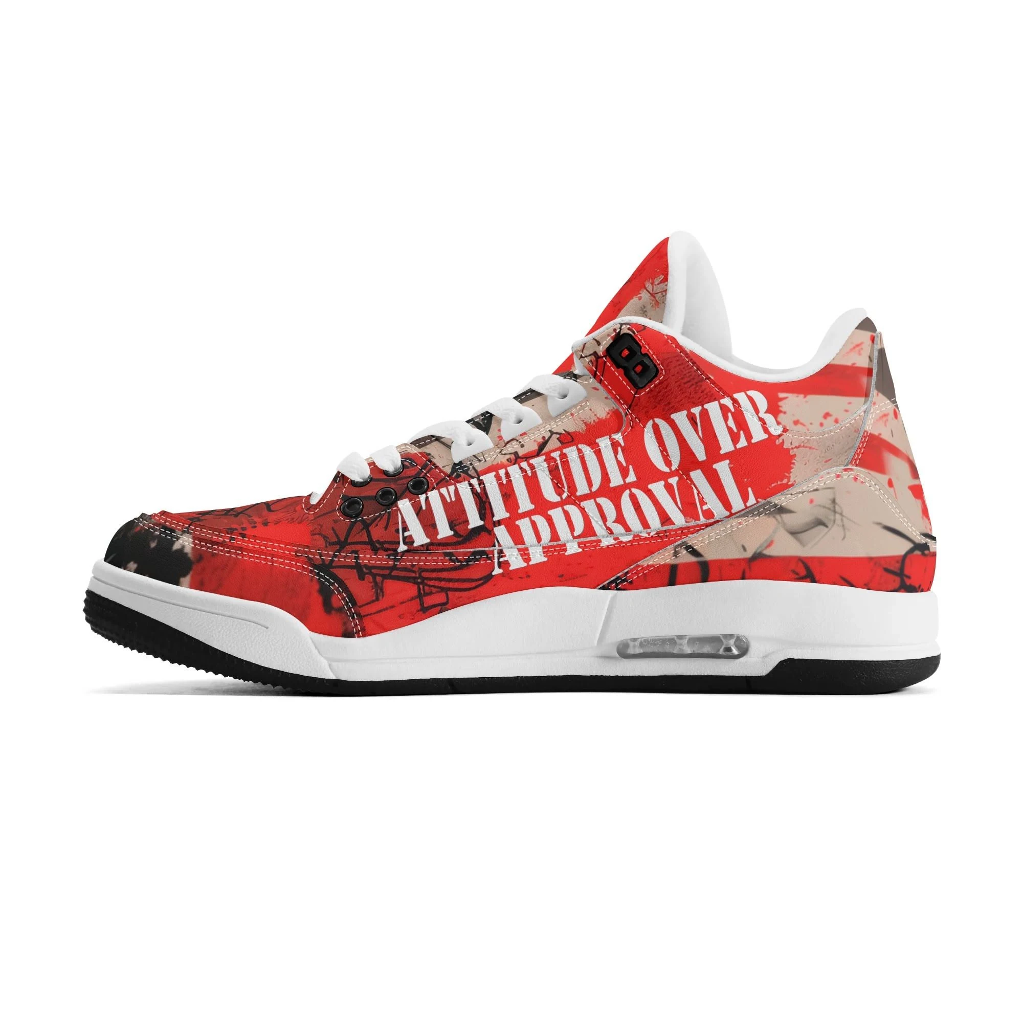 Zapatillas altas retro para hombre con diseño gráfico rojo y mensaje “Attitude Over Approval”