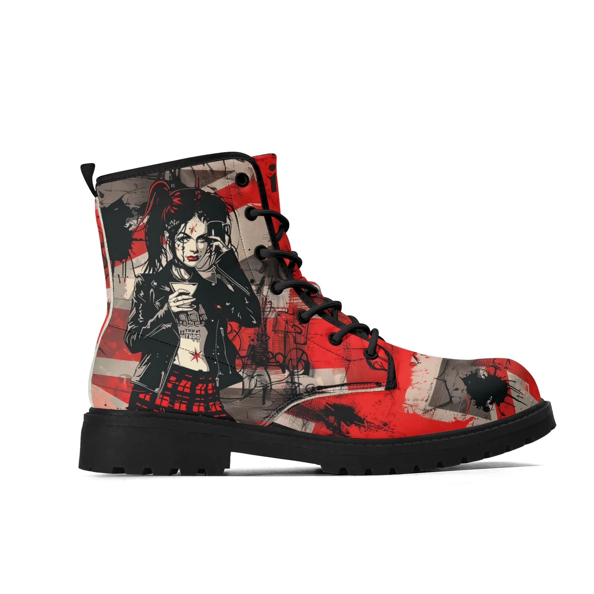 Botas negras de mujer con mensaje “Attitude Over Approval” y diseño gráfico alternativo
