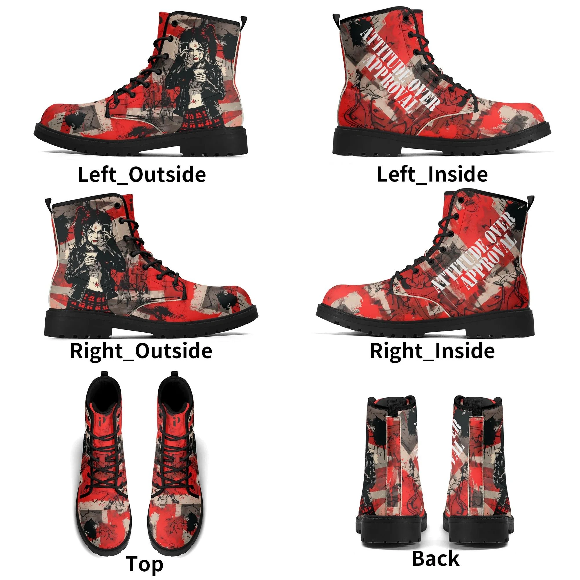 Botas negras de mujer con mensaje “Attitude Over Approval” y diseño gráfico alternativo