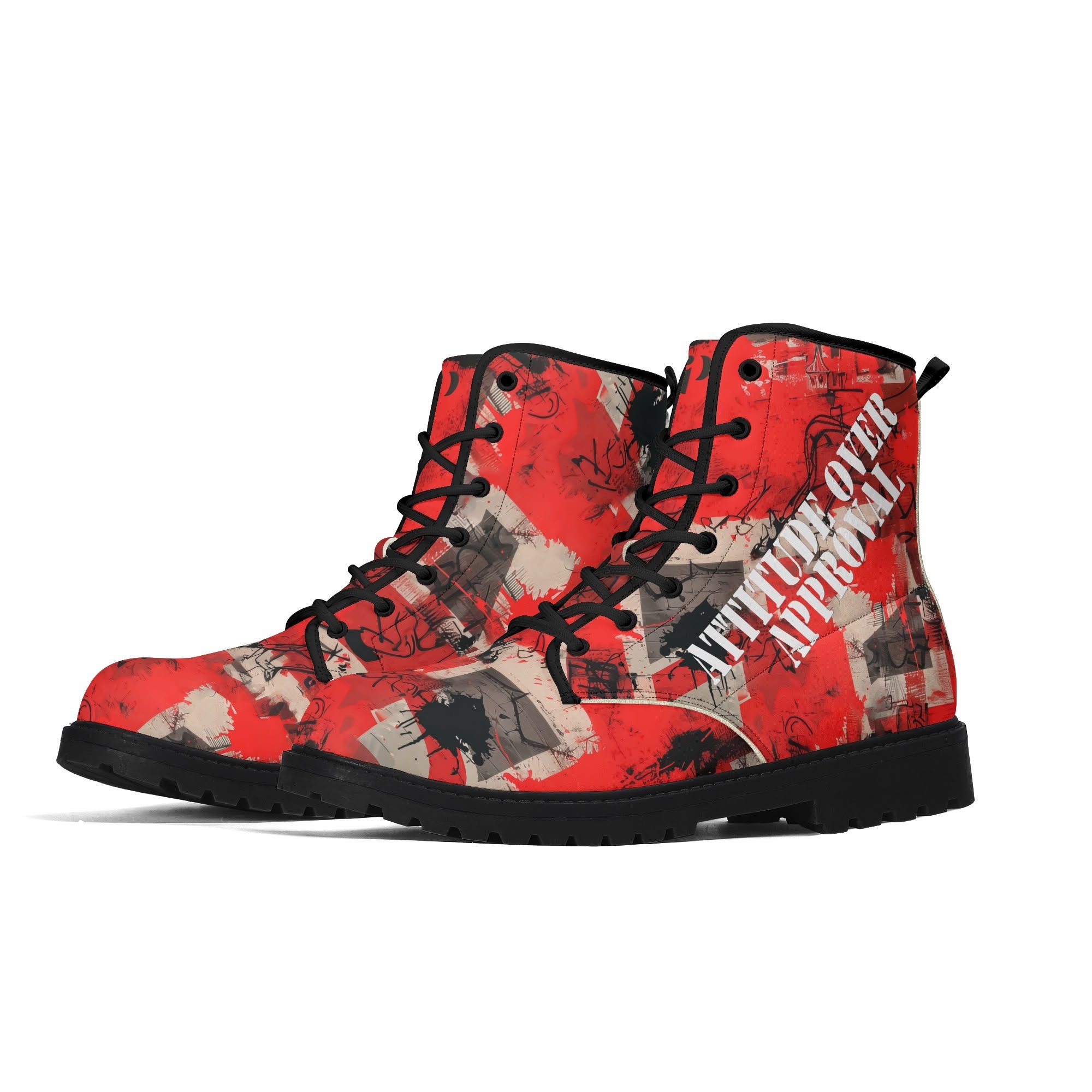 Botas de hombre "Attitude Over Approval" con diseño gráfico rojo y frase en el lateral