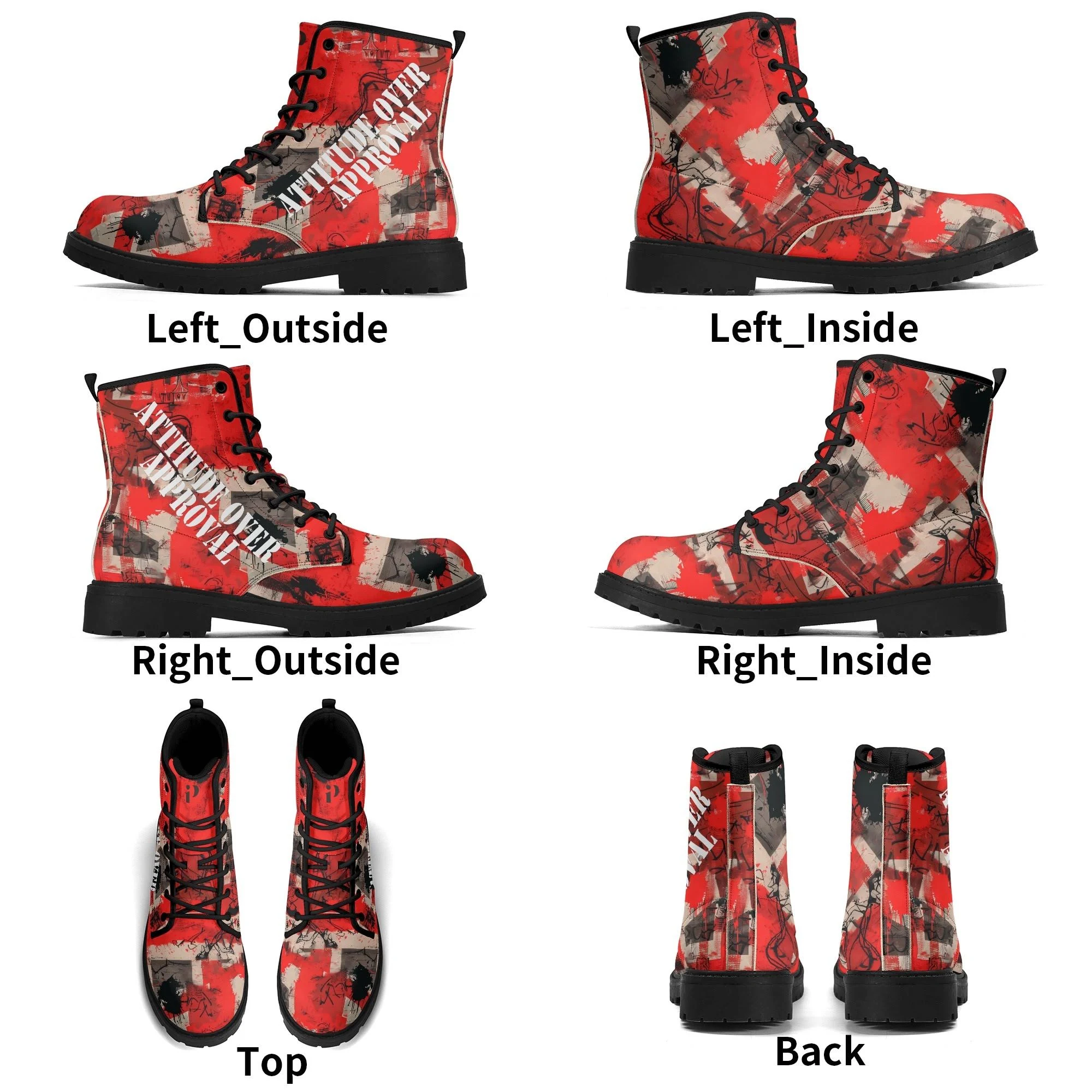 Botas de hombre "Attitude Over Approval" con diseño gráfico rojo y frase en el lateral