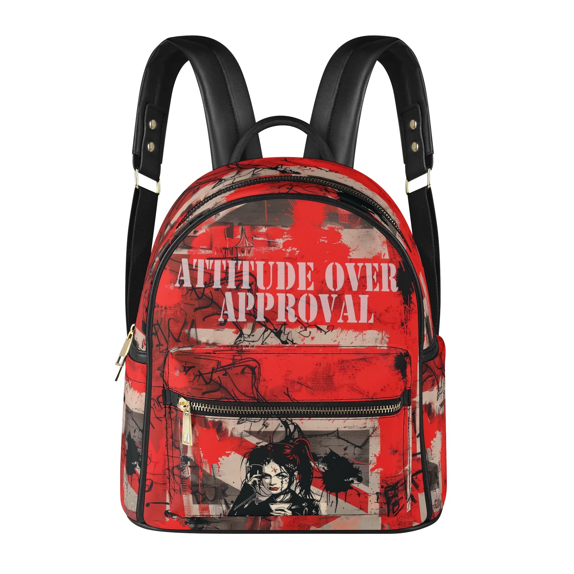 Mini mochila urbana "Attitude Over Approval" con diseño gráfico en rojo, ideal para looks alternativos
