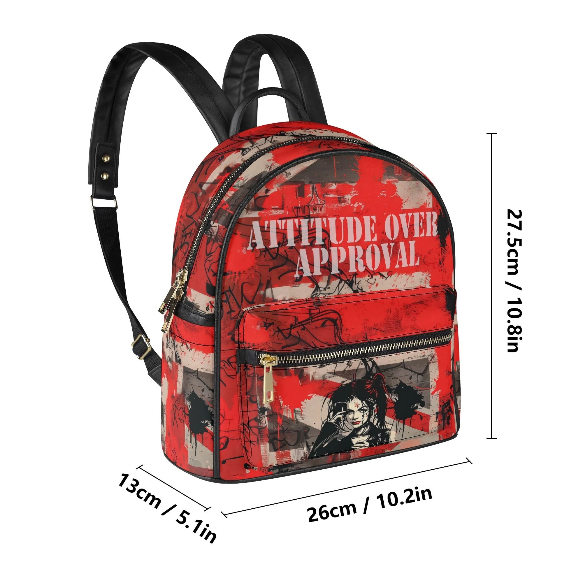 Mini mochila urbana "Attitude Over Approval" con diseño gráfico en rojo, ideal para looks alternativos